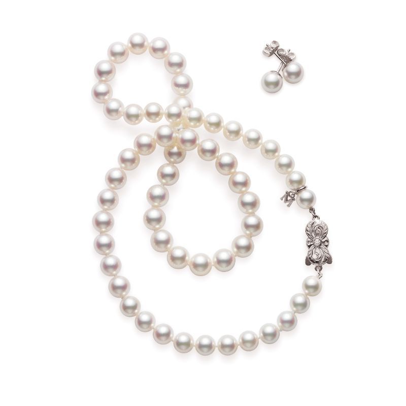 The Mikimoto 18K White Gold Akoya Cultured Pearl Strand Necklace and Stud Earrings Two-Piece Set showcases round cultured pearls with a stylish Mikimoto clasp and includes coordinating pearl stud earrings with butterfly backings, all beautifully presented on a white background.