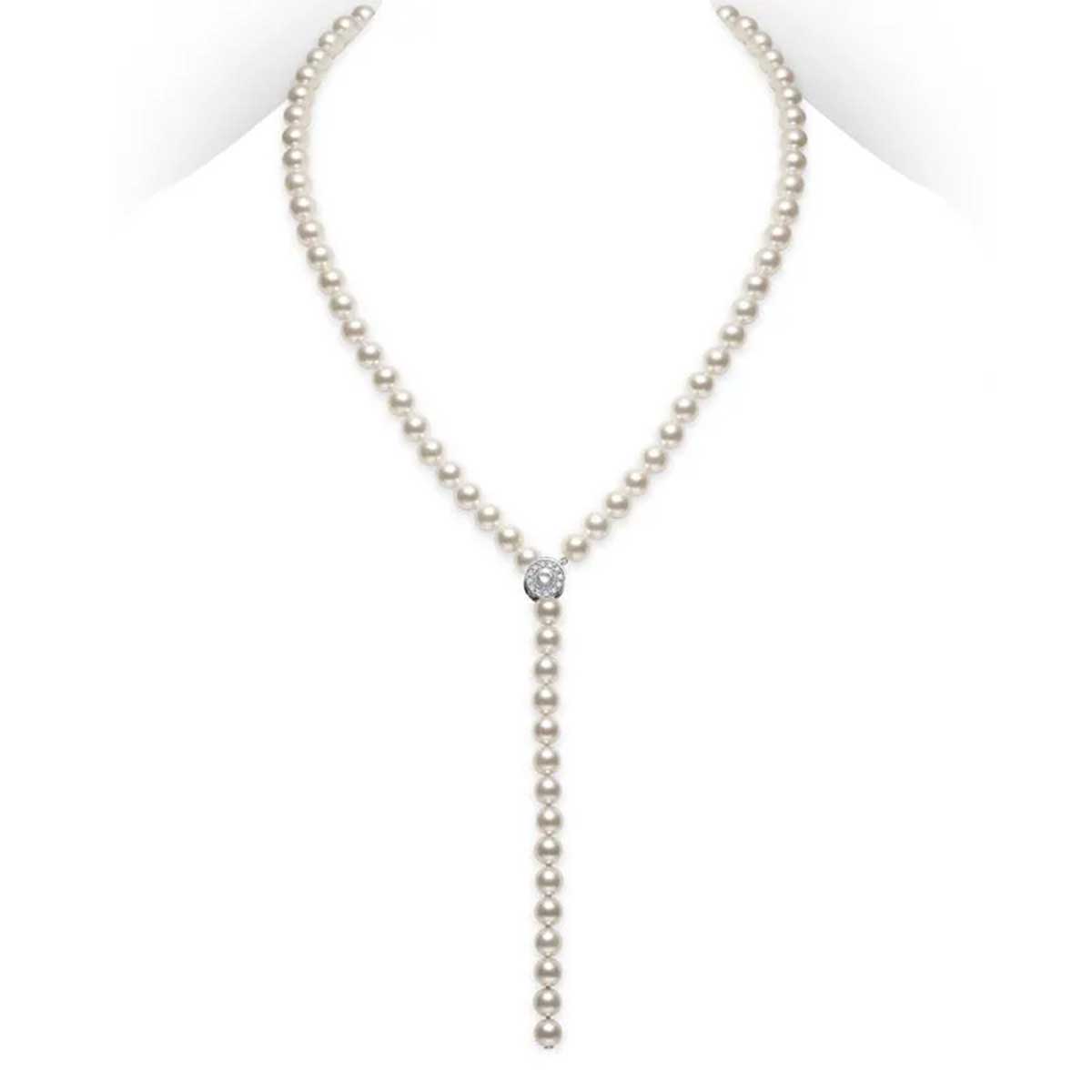 The Mikimoto 18K White Gold Diamond with Akoya Cultured Pearl Lariat, showcased on a mannequin, features a stunning Y-shaped design with pearls cascading from a central cluster set in 18K white gold and accented by a small decorative clasp.