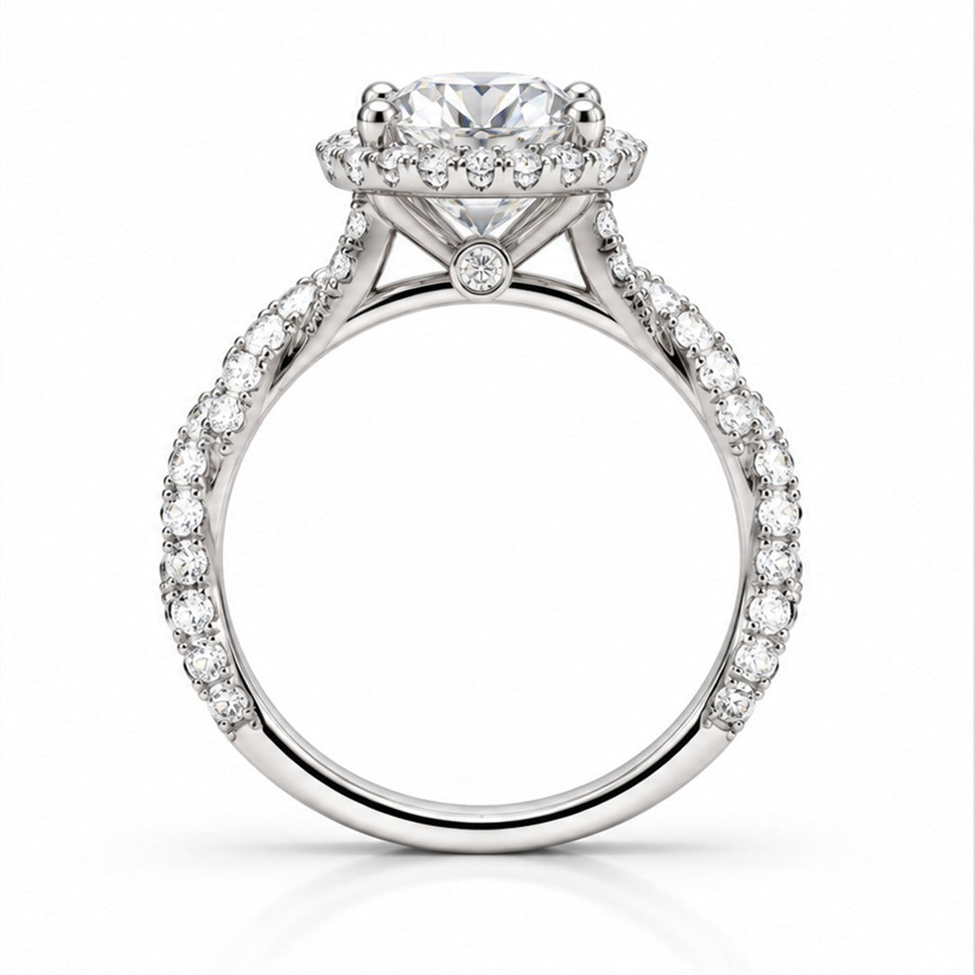 Raffi&Co.® 14K White Gold 1.76 ct Round Lab Grown Diamond Halo Twist Pavé Engagement Ring — angle view
