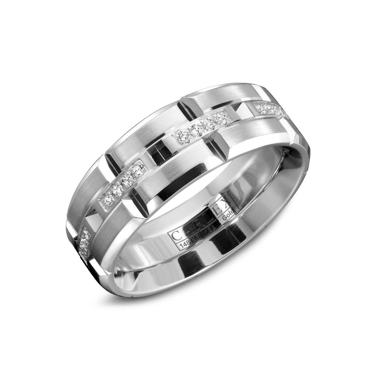 The Crown Ring Carlex High Polish 18K White Gold with Round Brilliant Diamond Wedding Band showcases a silver men's wedding band adorned with a geometric design featuring horizontal grooves and embedded round brilliant diamonds. Crafted from elegant 18K white gold, it is part of the esteemed Crown Ring collection and is set against a plain white background.