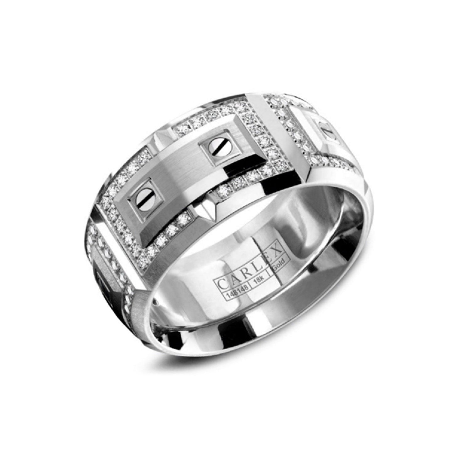 A stylish accessory from the Crown Ring Carlex collection, this wedding band features a rectangular geometric design with round brilliant diamonds and intricate patterns on a broad band. It's crafted from 18K white gold.