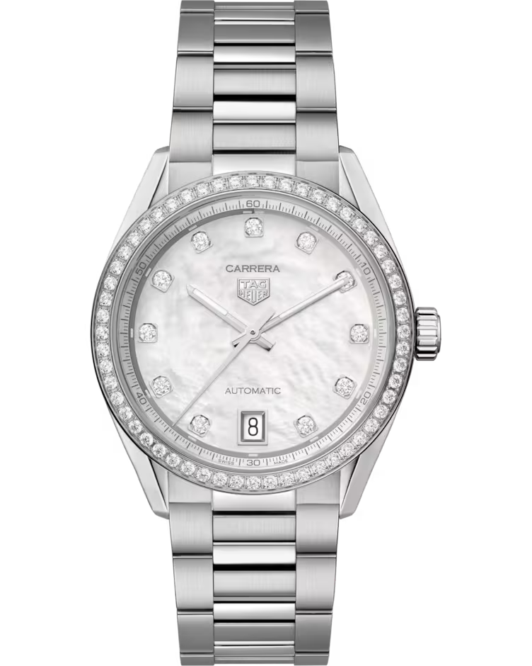 The TAG Heuer Carrera Date Automatic 36mm Watch by TAG Heuer features a silver case with a diamond-encrusted bezel, a white mother-of-pearl dial adorned with silver hour markers and diamond indices, a date window at 6 o’clock, and is paired with a sleek silver metal bracelet.