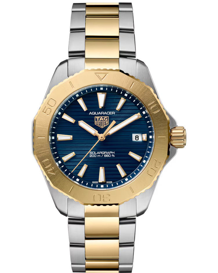 A TAG Heuer Aquaracer Professional 200 Solargraph Solar Quartz 40mm Watch featuring a blue dial, gold bezel, and a two-tone silver and gold metal bracelet. The watch displays the date along with “Solargraph 200m/660ft” on the face.