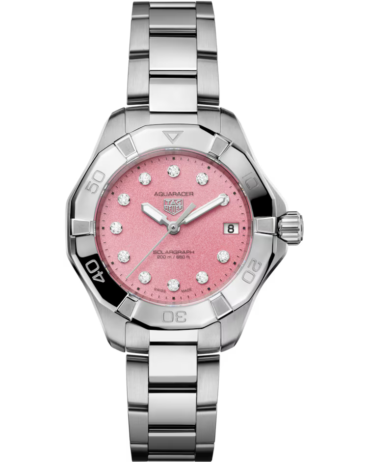TAG Heuer Aquaracer Professional 200 Solargraph Solar Quartz 34mm watch featuring a pink dial with diamond hour markers, date display at 3 o’clock, and a stainless steel bracelet. The silver and black bezel has engraved numbers.