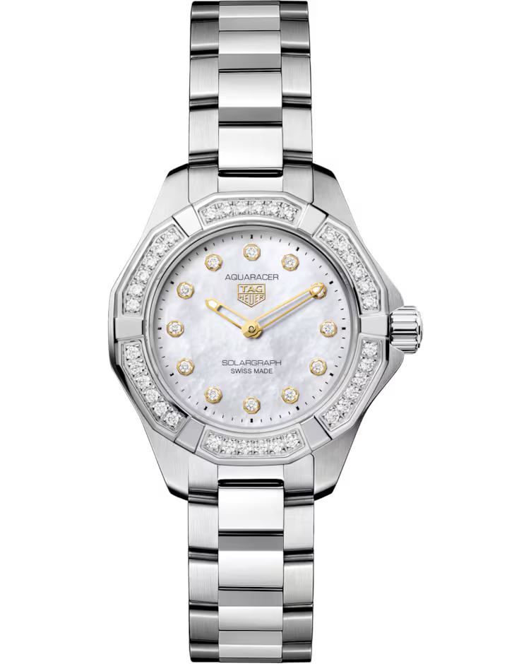 A TAG Heuer Aquaracer Professional 100 Solargraph Solar Quartz 28mm watch featuring a white mother-of-pearl dial, gold hour markers, diamond accents, and a stainless steel bracelet.