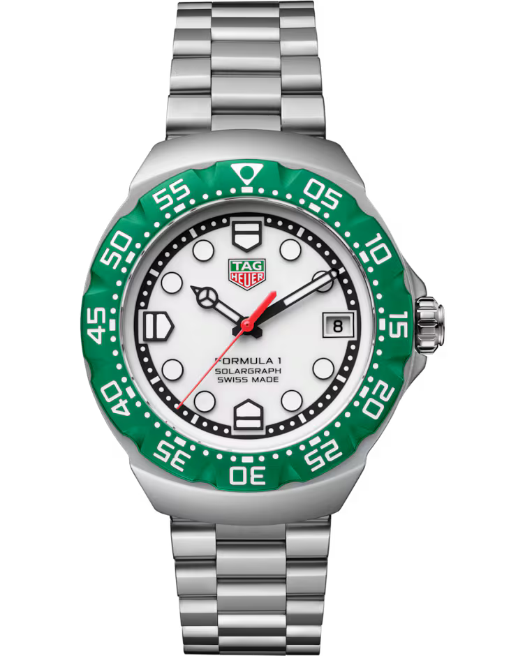 The TAG Heuer Formula 1 Solargraph Solar Quartz 38mm Watch features a green and white bezel, a white dial with bold hour markers, a silver metal band, a date window at 3 o’clock, and a striking red seconds hand.