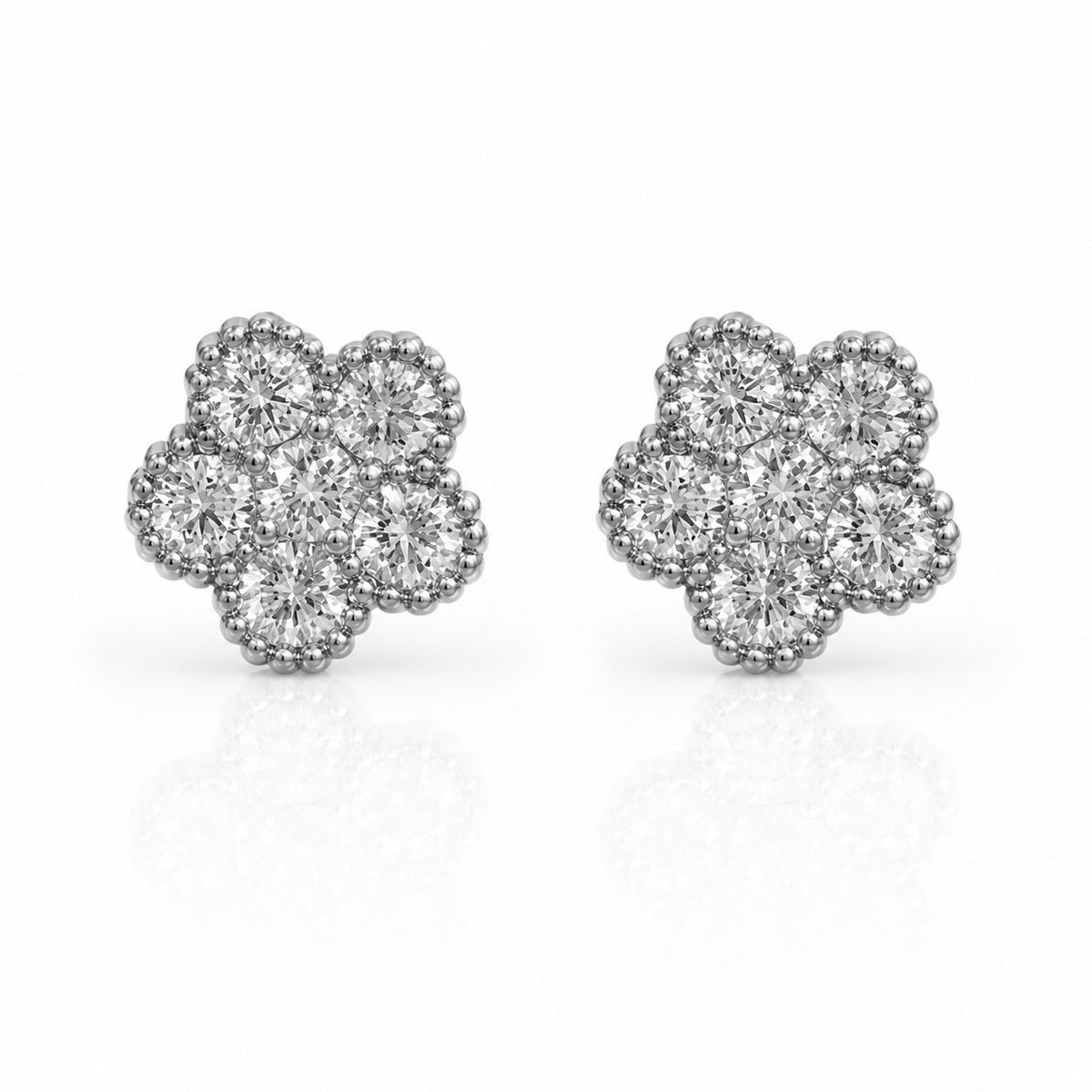 Roberto Coin Tennis Flower 18K White Gold Diamond Stud Earrings, featuring round diamonds set in a floral design, are displayed on a white background.