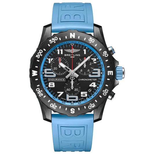 The BREITLING Endurance Pro 44 is a sports chronograph with a blue rubber strap, black dial with white numerals, three subdials, a compass-marked black bezel, and red accents on the second hand and logo.