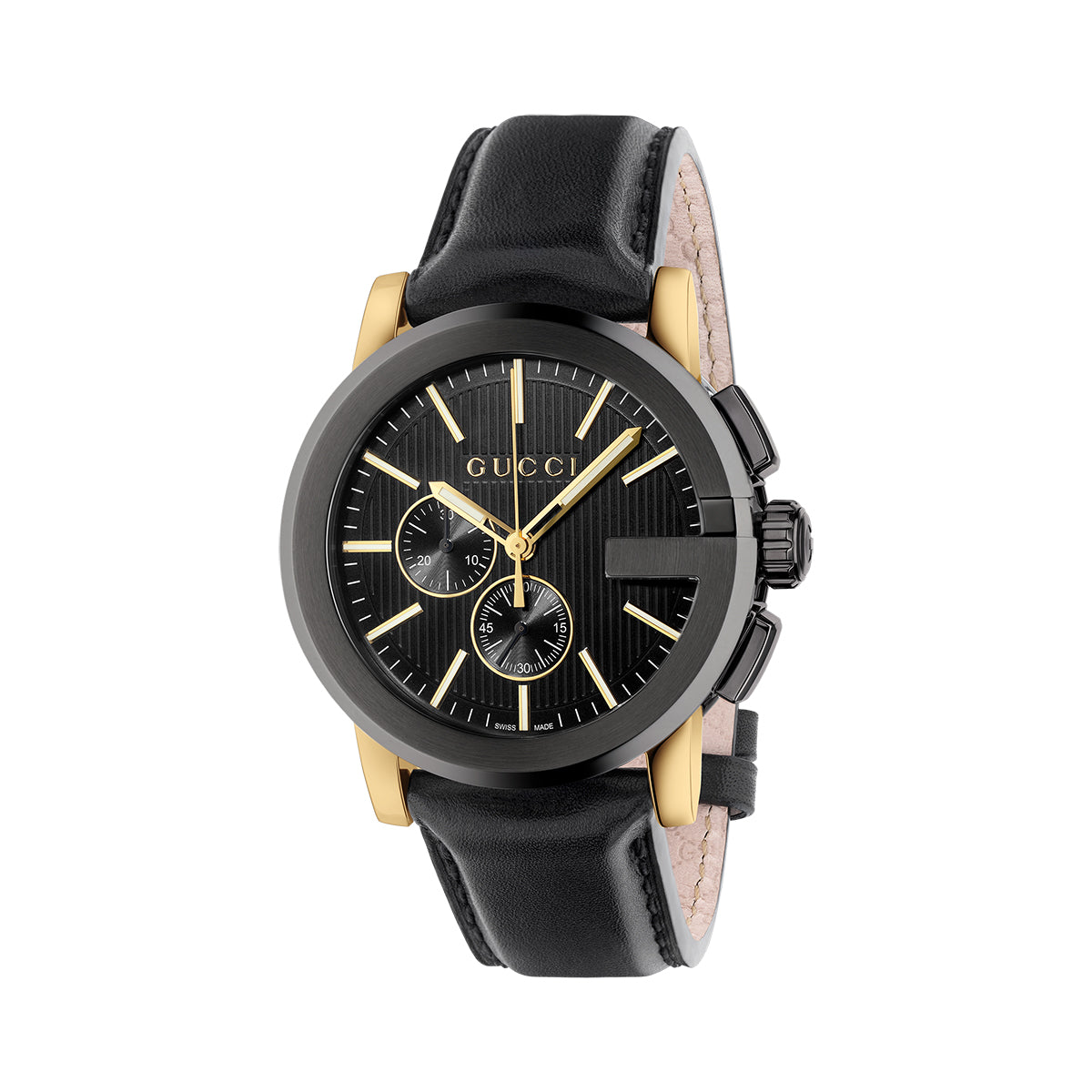 The Gucci G-Chrono Quartz 44mm Watch by GUCCI Watch showcases a contemporary design with a round gold and black face, two sub-dials, and a stylish leather strap. Its G-shaped bezel beautifully accents the gold watch hands and hour markers set against a textured black dial.