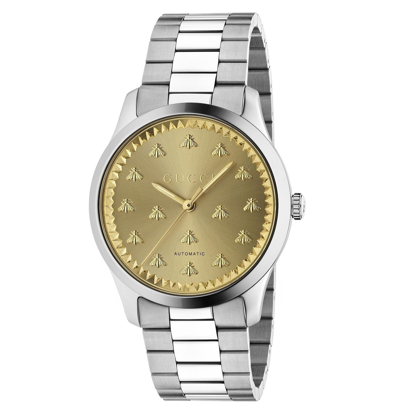 A silver wristwatch with a metallic strap and a gold face adorned with multiple bee motifs. The name "GUCCI Watch" and the word "Quartz" are displayed on the watch face.