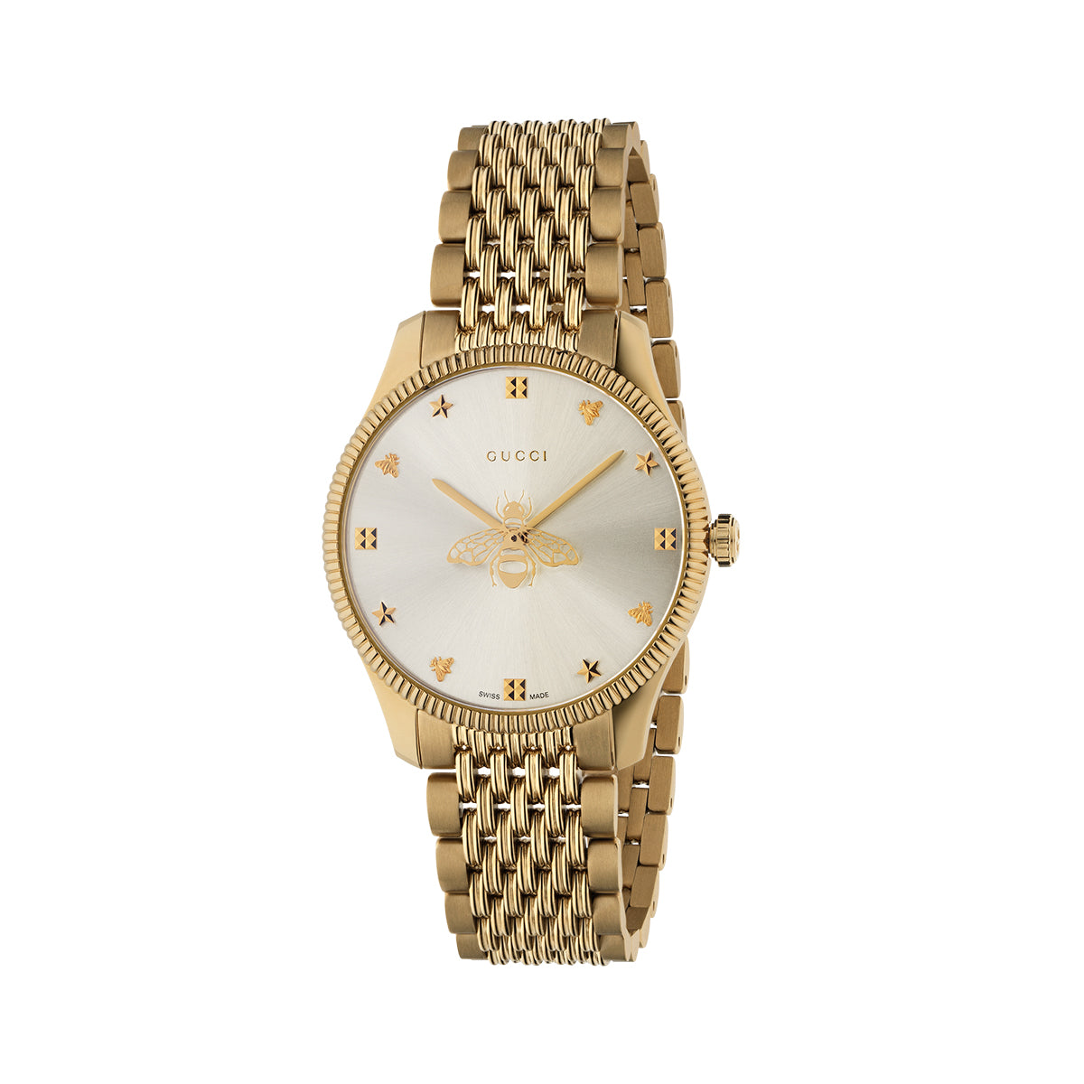 A GUCCI Watch G-Timeless Quartz 36mm features a yellow gold PVD finish with a metallic bracelet and round face. Its dial is adorned with bee motifs as hour markers, and the ridged bezel adds an elegant touch. The brand name "Gucci" is elegantly displayed at the top of the face.