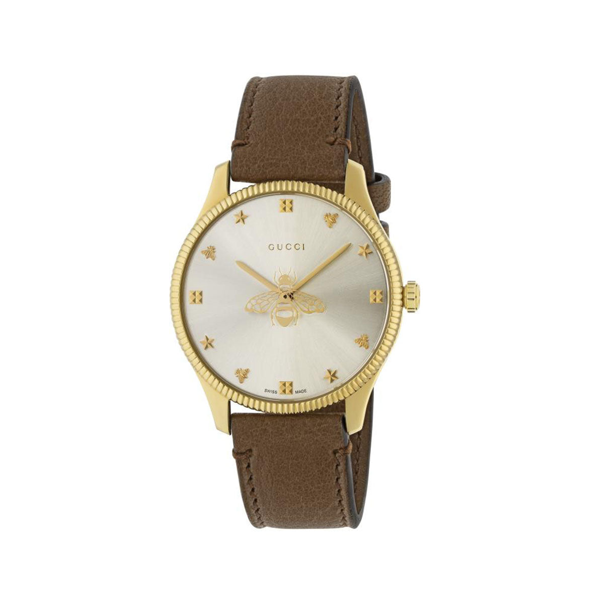 Introducing the Gucci G-Timeless with Bees Quartz 36mm Watch, a stunning piece from GUCCI Watches. This watch features a yellow gold PVD case adorned with an intricate bee motif on its beige dial. The design includes star and bee hour markers, complemented by a classic brown leather strap and the iconic Gucci logo showcased at the top.