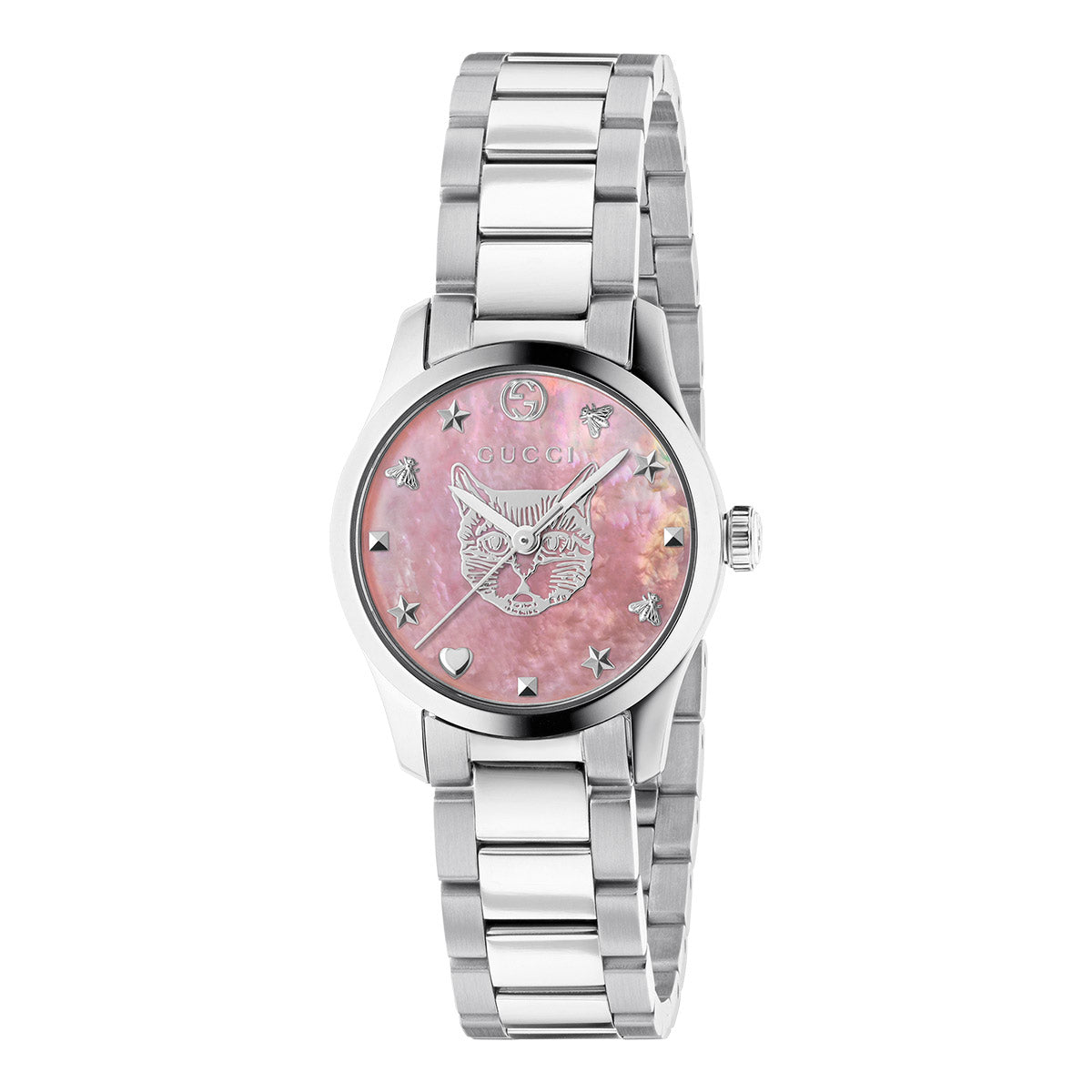 The Gucci G-Timeless Quartz 28mm Watch from GUCCI Watch showcases a silver wristwatch with a metal band, highlighted by a pink face featuring a Mystic cat illustration at its center. The dial is adorned with star and Gucci bee motifs, alongside the elegant "GUCCI" imprint on the face.