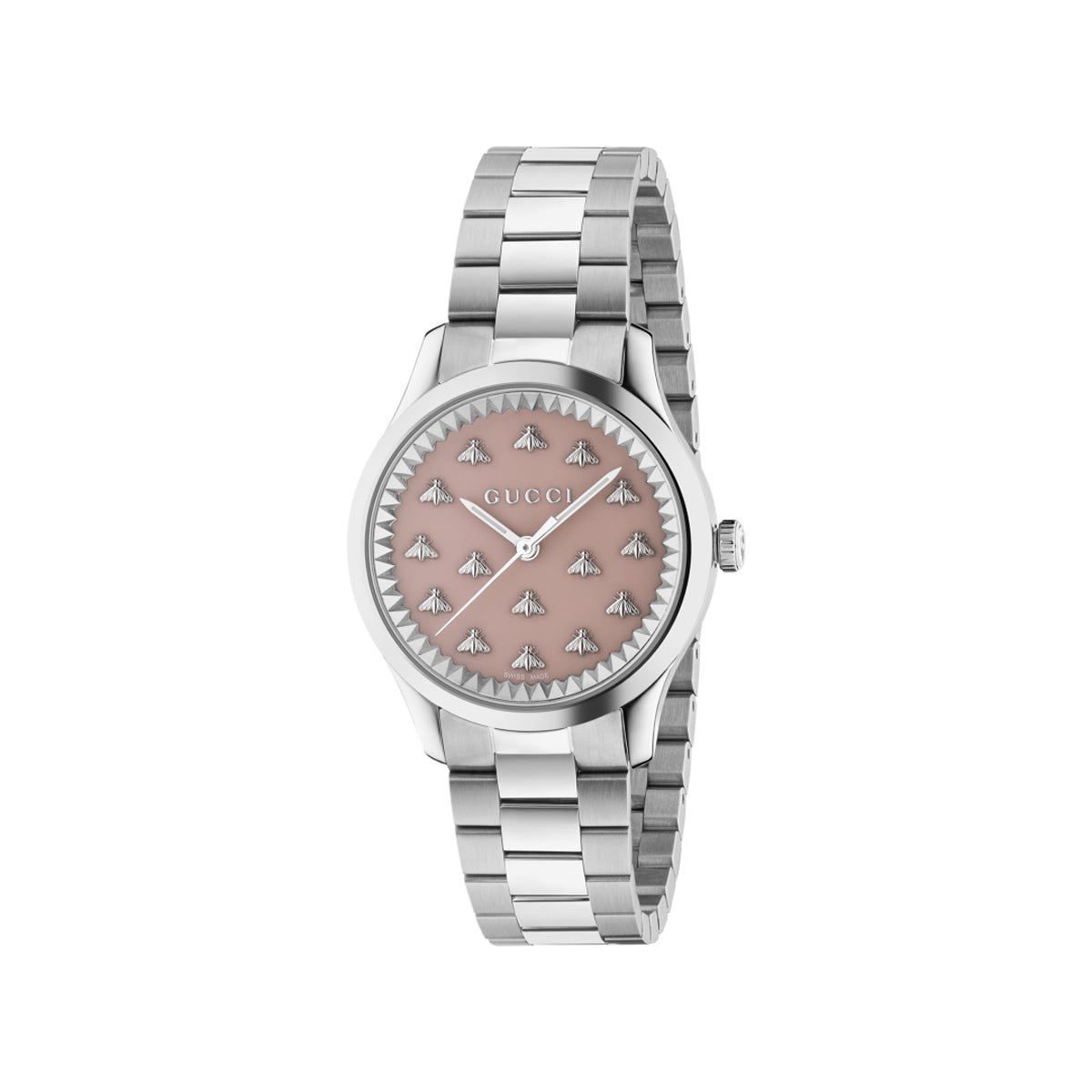 Introducing the Gucci G-Timeless with Bees Quartz 32mm Watch from GUCCI. This exquisite timepiece features a pink dial beautifully adorned with elegant bee motifs and is complemented by a sophisticated silver bracelet strap. Its simple, round face captures the essence of timeless elegance.