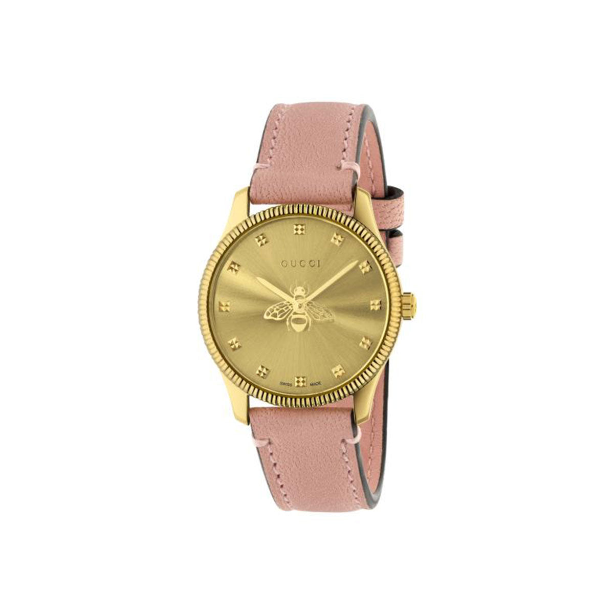 The Gucci G-Timeless with Bees Quartz 29mm Watch showcases a gold face featuring an eye-catching bee detail in the center, complemented by a stylish pink leather strap. The design incorporates small round markers and a fluted bezel, exuding both elegance and uniqueness.