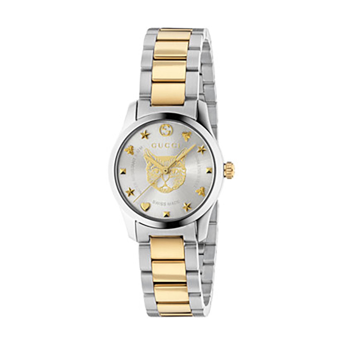Introducing the Gucci G-Timeless Quartz 27mm Watch by GUCCI, showcasing a distinctive silver-faced dial accented with star and heart markers. The timepiece is elegantly complemented by a silver and gold metal band, highlighting a bee engraving at its center to enhance its traditional design. Gold detailing adds an exquisite finishing touch to this elegant watch.