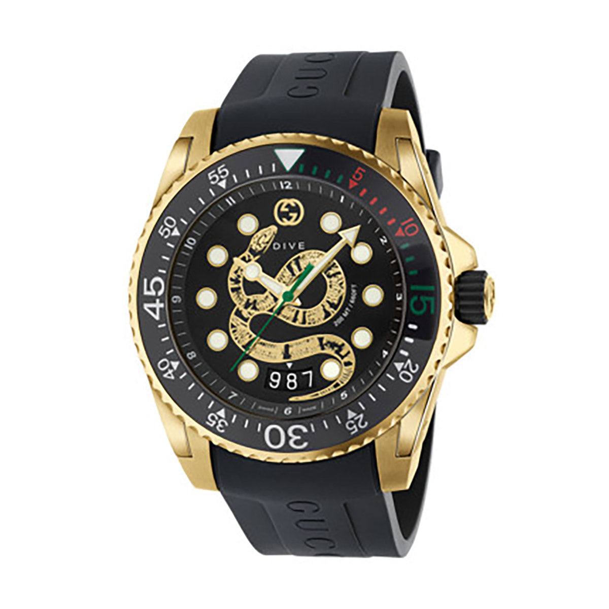 The Gucci Dive Quartz 45mm Watch by GUCCI features a gold and black bezel paired with a black dial adorned with white and gold markers. Its rubber strap harmonizes with the intricate symbols and decorative emblem at the center, highlighting the opulent Kingsnake motif subtly integrated into its design.
