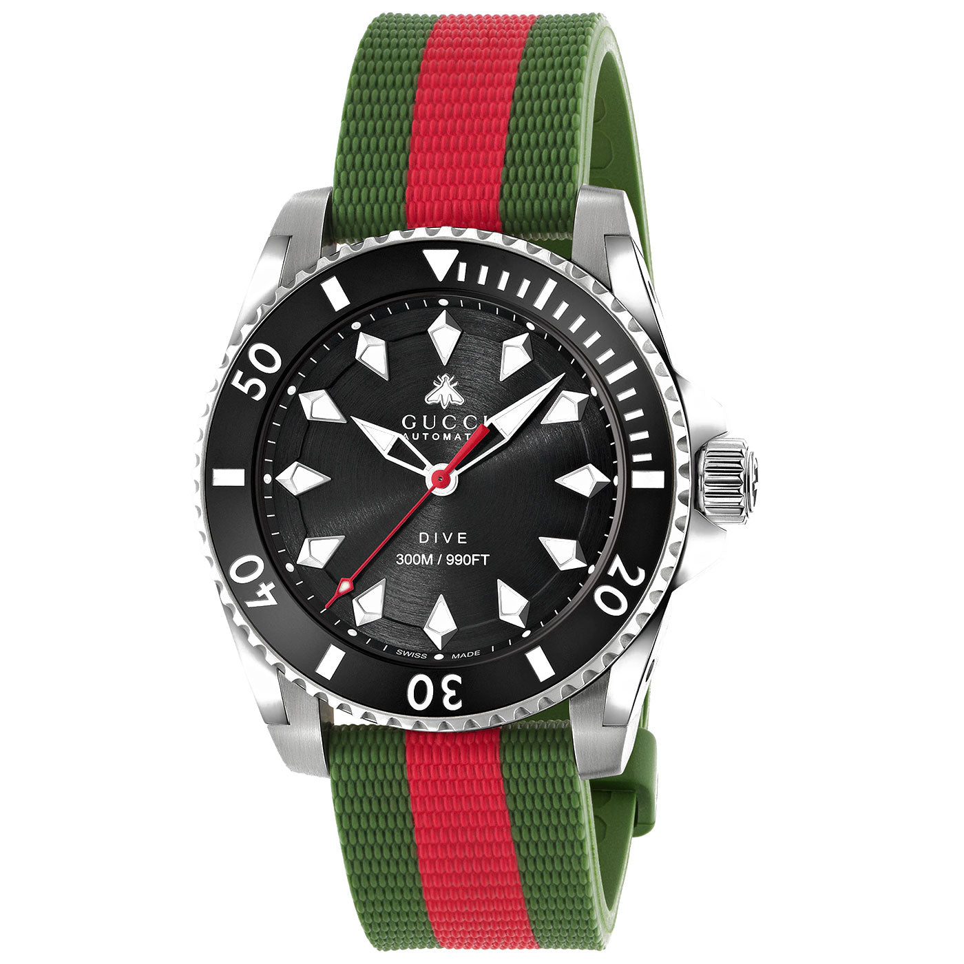 This GUCCI Watch model, the Gucci Dive Automatic 45mm, showcases a black dial complemented by silver hour markers and a stainless steel bezel. It incorporates red accents and is fitted with a green and red striped rubber strap. The watch is water-resistant up to 300 meters or 990 feet.