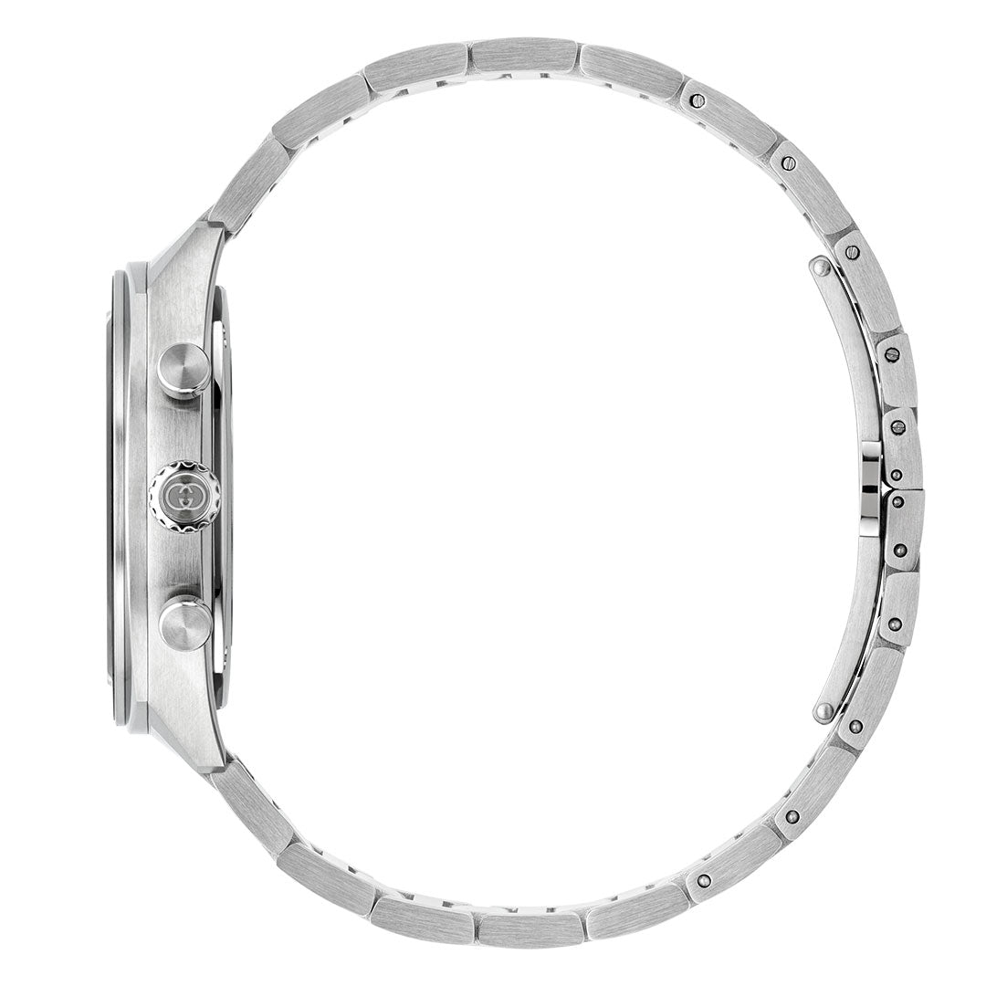 Side view of the GUCCI Interlocking Quartz 41mm Watch featuring a round case, chronograph pushers, a crown, and an unclasped stainless steel bracelet-style band forming an open circle.