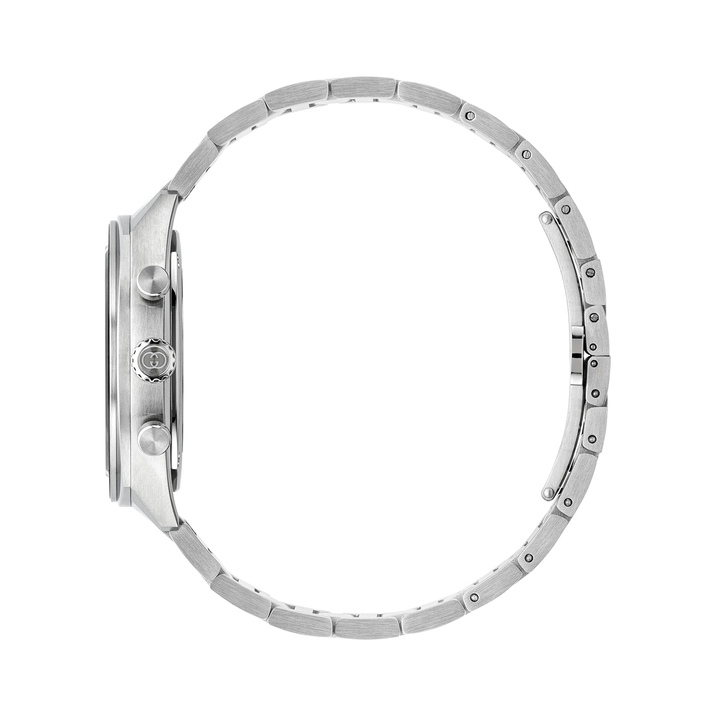Side view of a Gucci Interlocking Quartz 41mm Watch from GUCCI, boasting a sleek design with a silver metal finish. It showcases a round face paired with a stainless steel bracelet, complete with a crown, two pushers on the side of the case, and chronograph functionality for precise timekeeping.