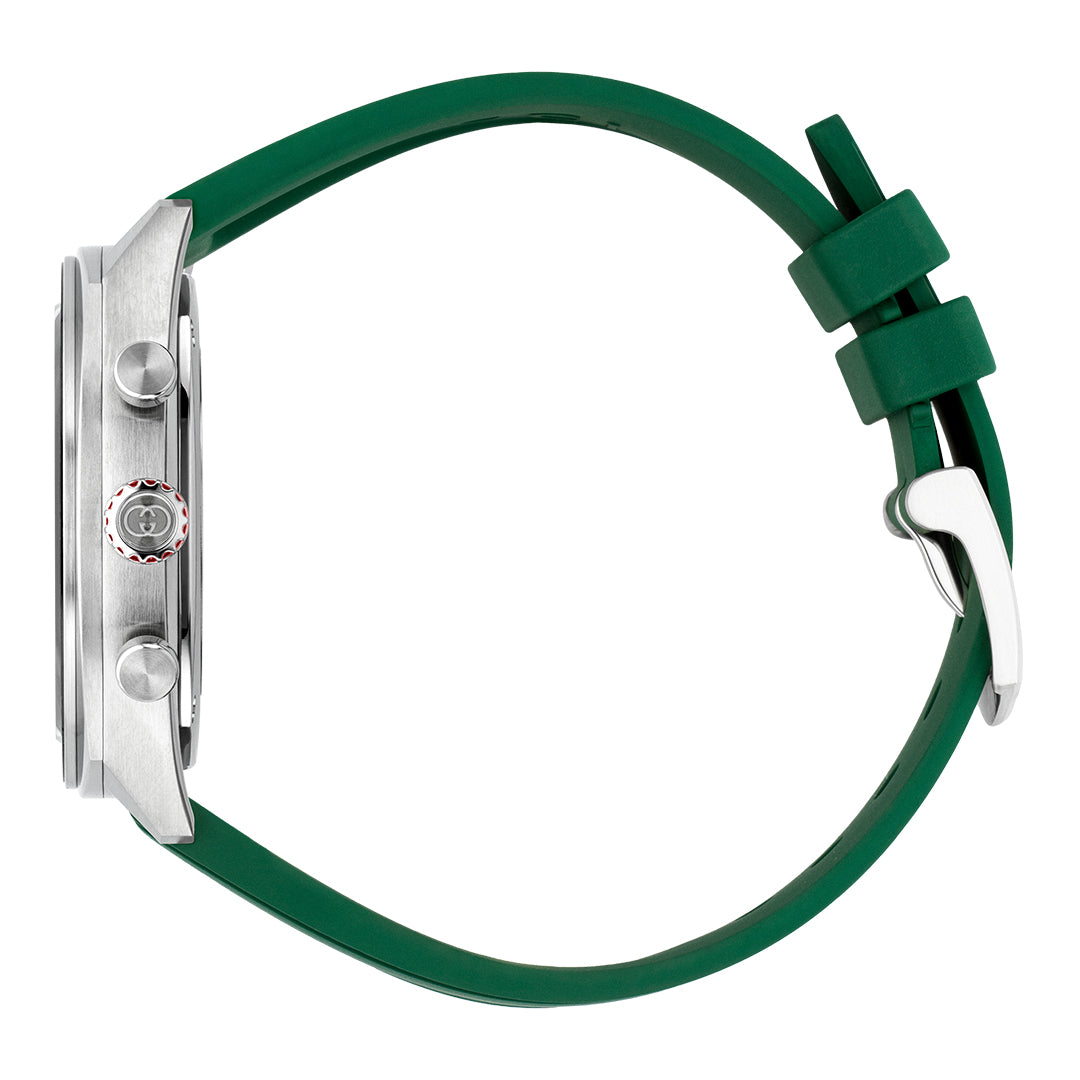 A side view of the Gucci Interlocking Quartz 41mm Watch with a stainless steel case features two pushers and a crown. It has a green rubber strap with a silver buckle. The watch face is obscured, but its sleek Swiss Made design represents the elegance typical of GUCCI Watches.