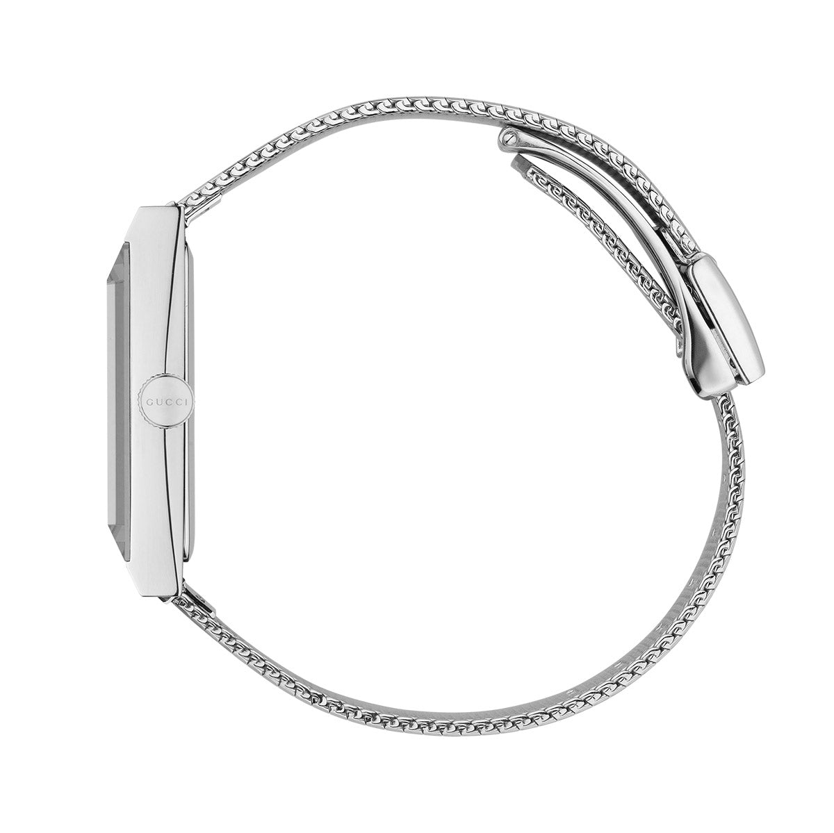 The sleek, rectangular GUCCI G-Frame Quartz 21mm x 34mm Watch is shown from the side, featuring a stainless steel mesh bracelet. This timepiece highlights a sapphire crystal face and minimalistic design, accentuating its slim profile and elegant clasp.