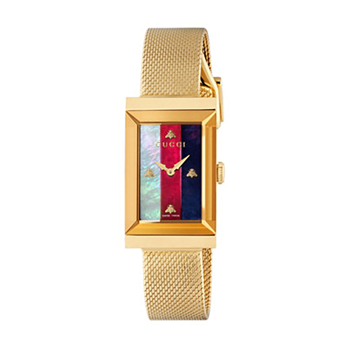 The Gucci G-Frame Quartz 21mm x 34mm Watch, by GUCCI Watch, features a rectangular face highlighted with red, black, and green vertical stripes on its dial adorned with delicate bee motifs. Complemented by a yellow gold PVD mesh bracelet, this sophisticated timepiece elevates any outfit effortlessly.