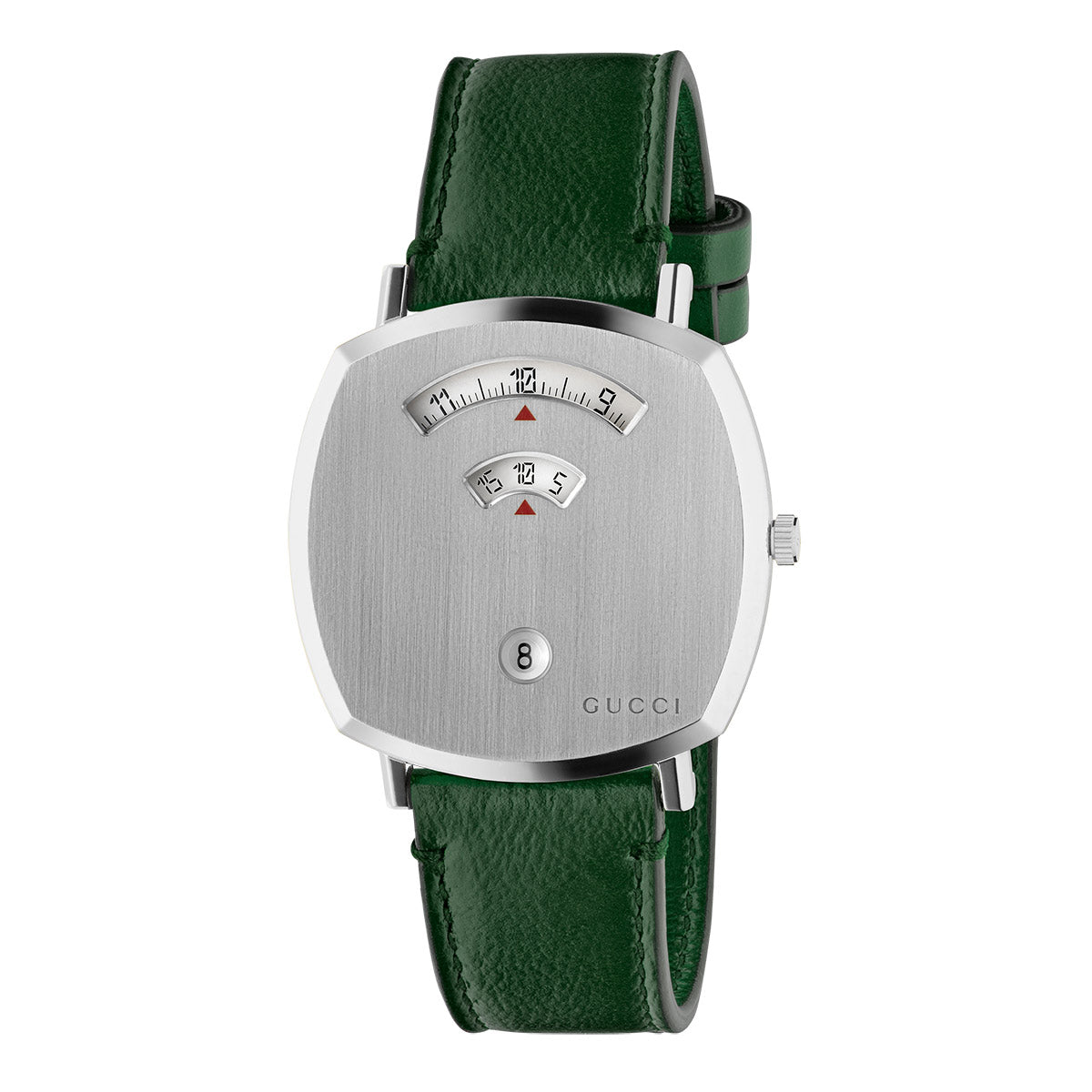 The Gucci Grip Quartz 38mm Watch by GUCCI features a brushed silver square dial with a distinctive analog display that reveals hours and minutes through small windows. This luxury timepiece is equipped with a stainless steel face and enhanced by a green textured leather strap. Additionally, it includes a circular date window for extra functionality.