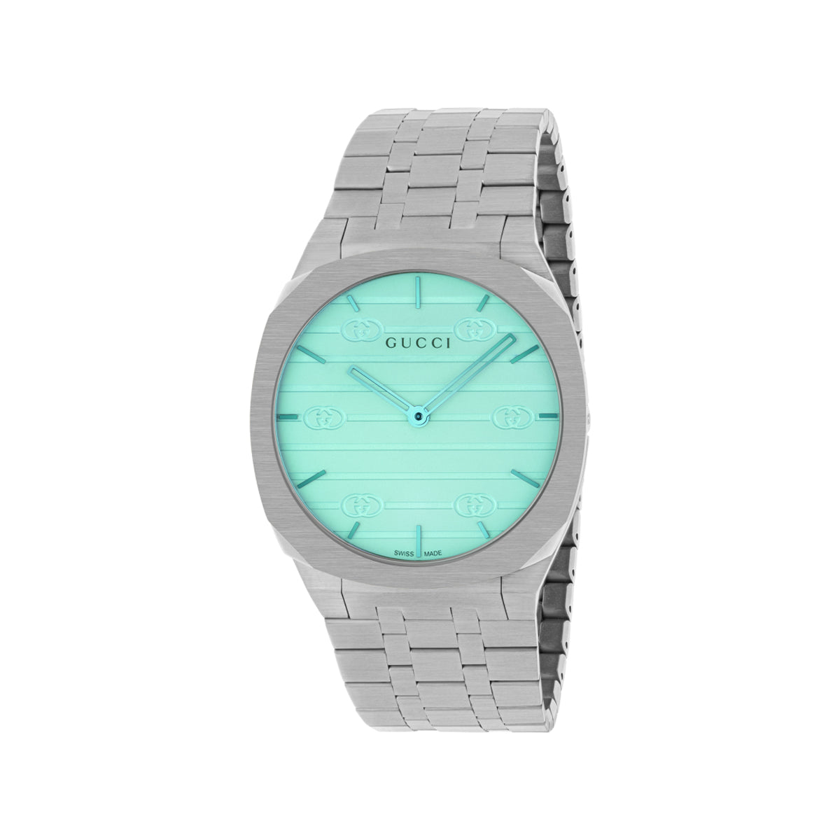 Introducing the Gucci 25H Quartz 38mm Watch, an exquisite silver timepiece featuring a refined stainless steel bracelet and a round, light turquoise face. This GUCCI Watch highlights minimalist hour markers and prominently displays the iconic Gucci logo at its center, with the elegant incorporation of the Interlocking G motif for added sophistication.