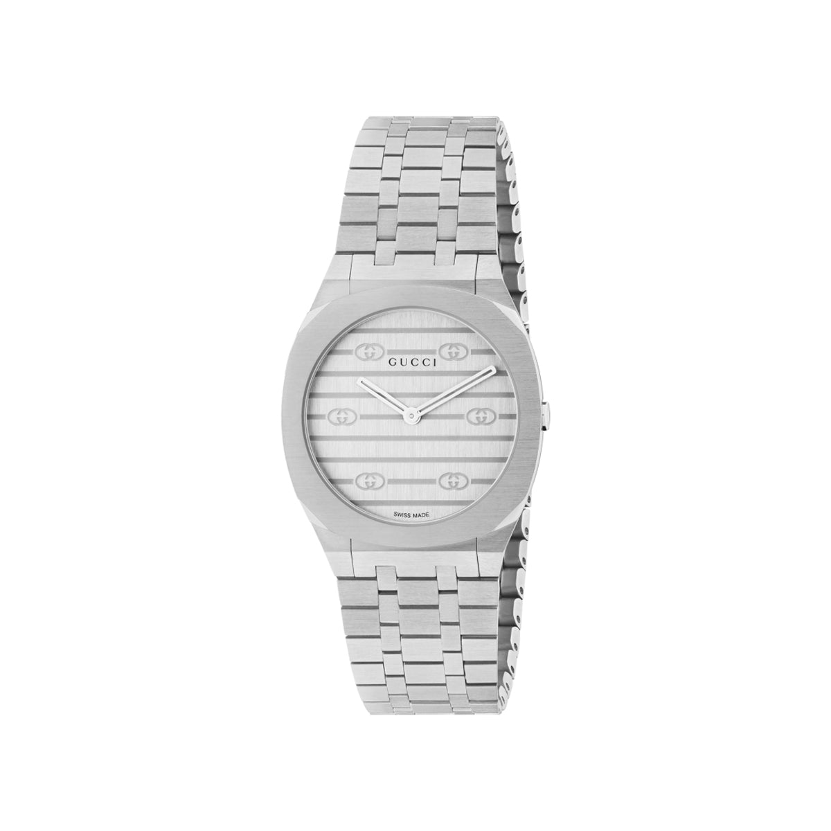 Introducing the Gucci 25H Quartz 30mm Watch by GUCCI, featuring a silver sunbrushed dial complemented by a metallic band. The design includes minimalist hour markers and the iconic Gucci logo, with a round face that sports a subtle striped pattern reflecting contemporary architectural elegance.