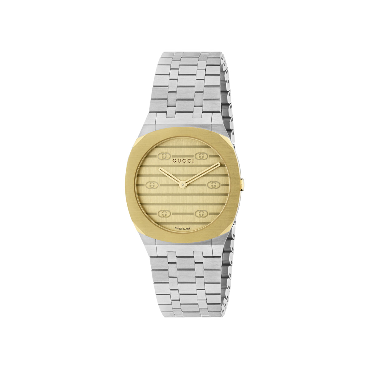 A high-end timepiece from GUCCI Watch, the Gucci 25H Quartz 30mm Watch features a sleek silver metal bracelet and a gold-toned dial. Its round face displays minimalist hour markers alongside the brand's logo, echoing contemporary architectural design elements.