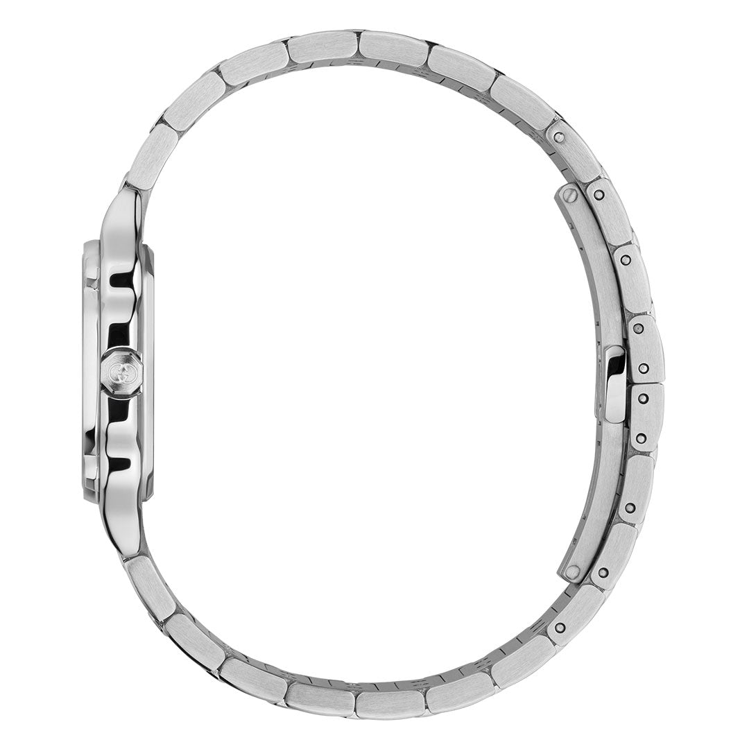 Side view of the GUCCI G-Flat Quartz 24mm Watch in silver stainless steel, showcasing its round case thickness and linked bracelet band design.