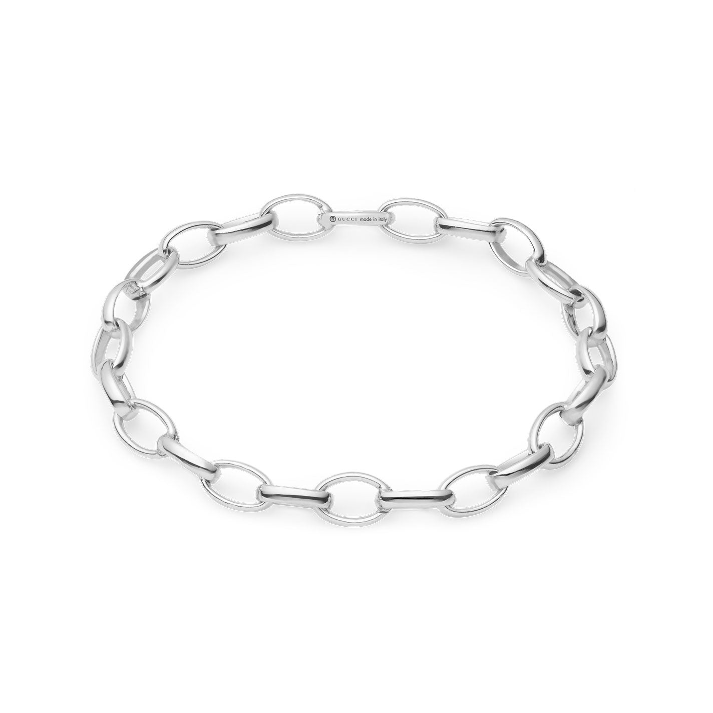 A Gucci Sterling Silver Chain Bracelet, crafted by GUCCI Fine Jewellery, featuring oval-shaped links arranged in a circular design. The smooth, polished links reflect light beautifully. The bracelet is laid flat on a plain white background, showcasing its elegance and charm.