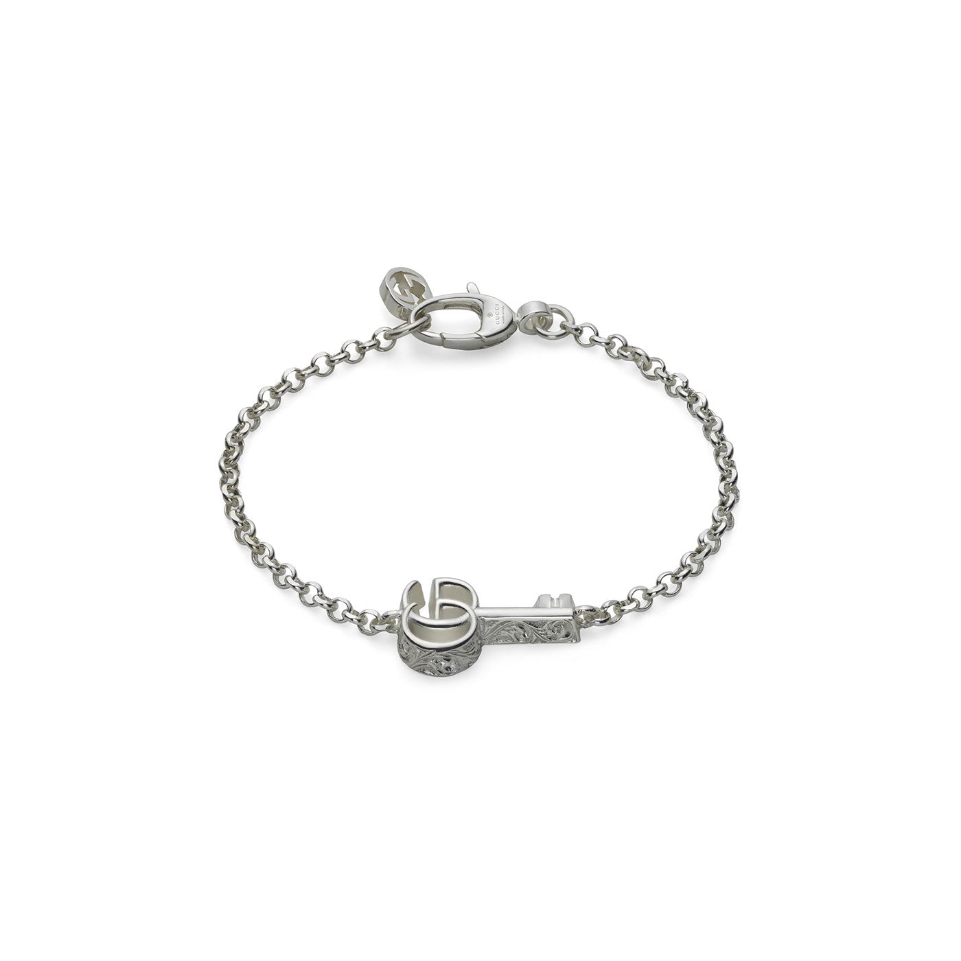Introducing the Gucci GG Marmont Key Charm Sterling Silver Bracelet by GUCCI Fine Jewellery. This elegant piece features a Double G key and heart charm on a delicate chain with a minimalist clasp, offering an exquisite blend of sophistication and simplicity.