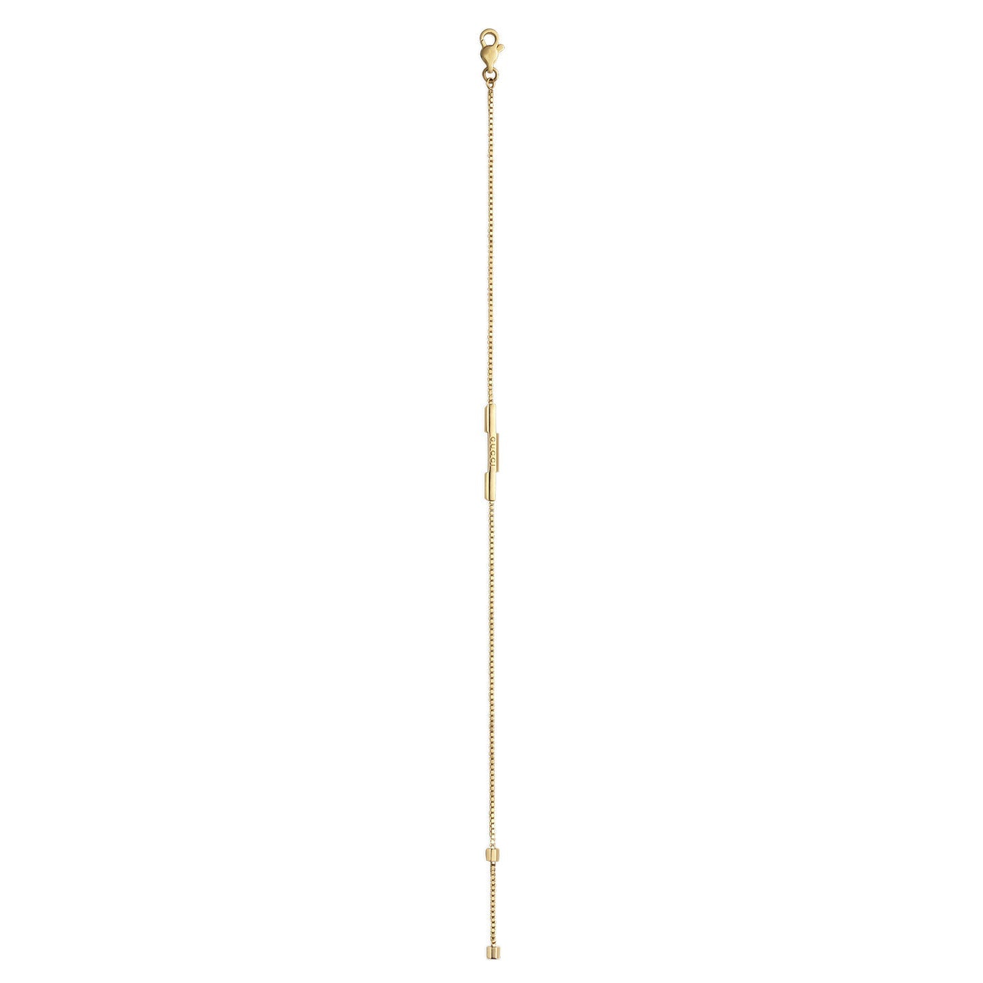 Displayed vertically against a plain white background, the Gucci Link to Love 18K Yellow Gold Chain Bracelet by GUCCI Fine Jewellery features a sophisticated design with small, square accents and a secure lobster clasp.