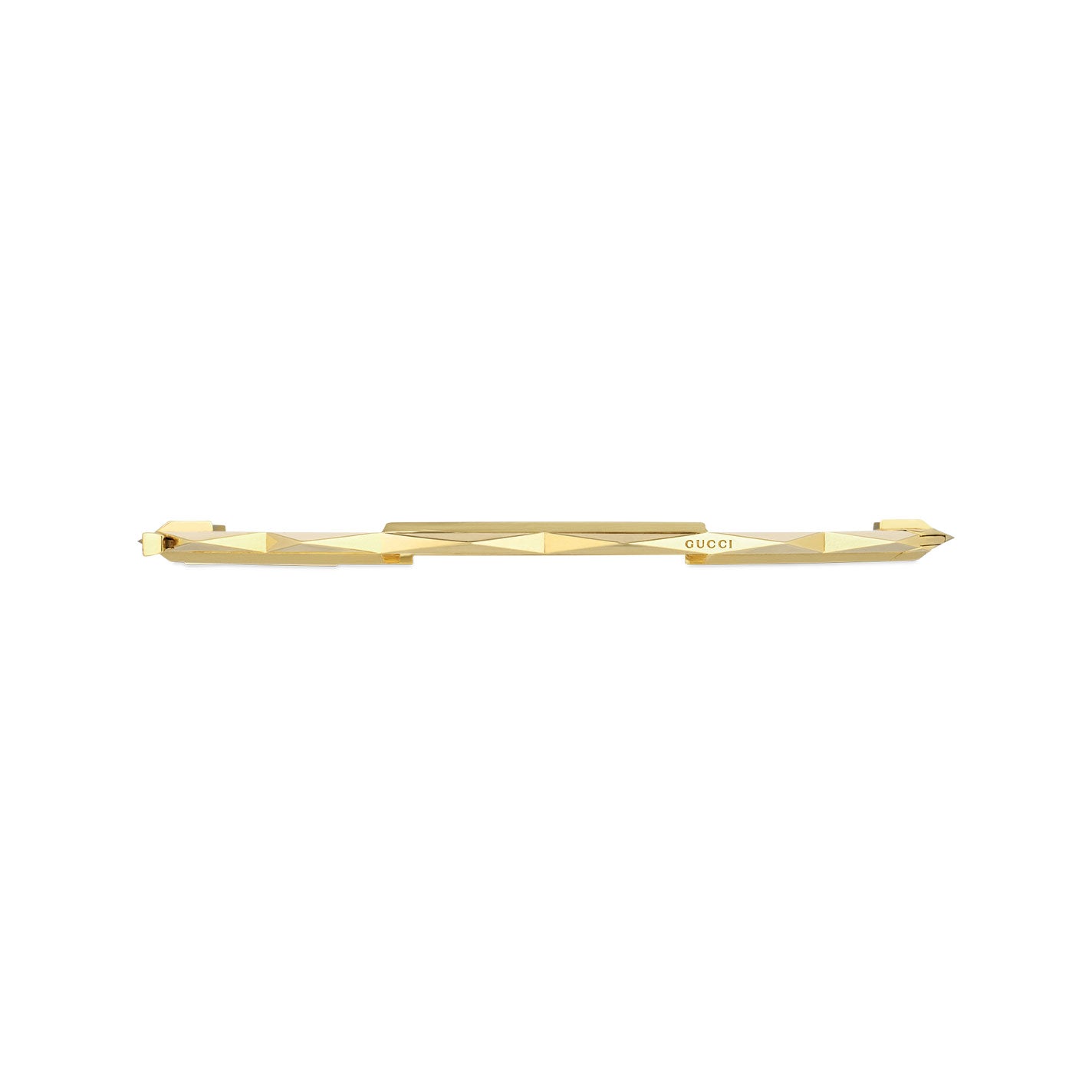 A sleek and elegant 18K yellow gold hair barrette by GUCCI Fine Jewellery features a geometric pattern and the engraved Gucci logo. Its design mirrors the refined style of the Gucci Link to Love 18K Yellow Gold Studded Bangle, making it perfect for adding sophistication to your hairstyle.
