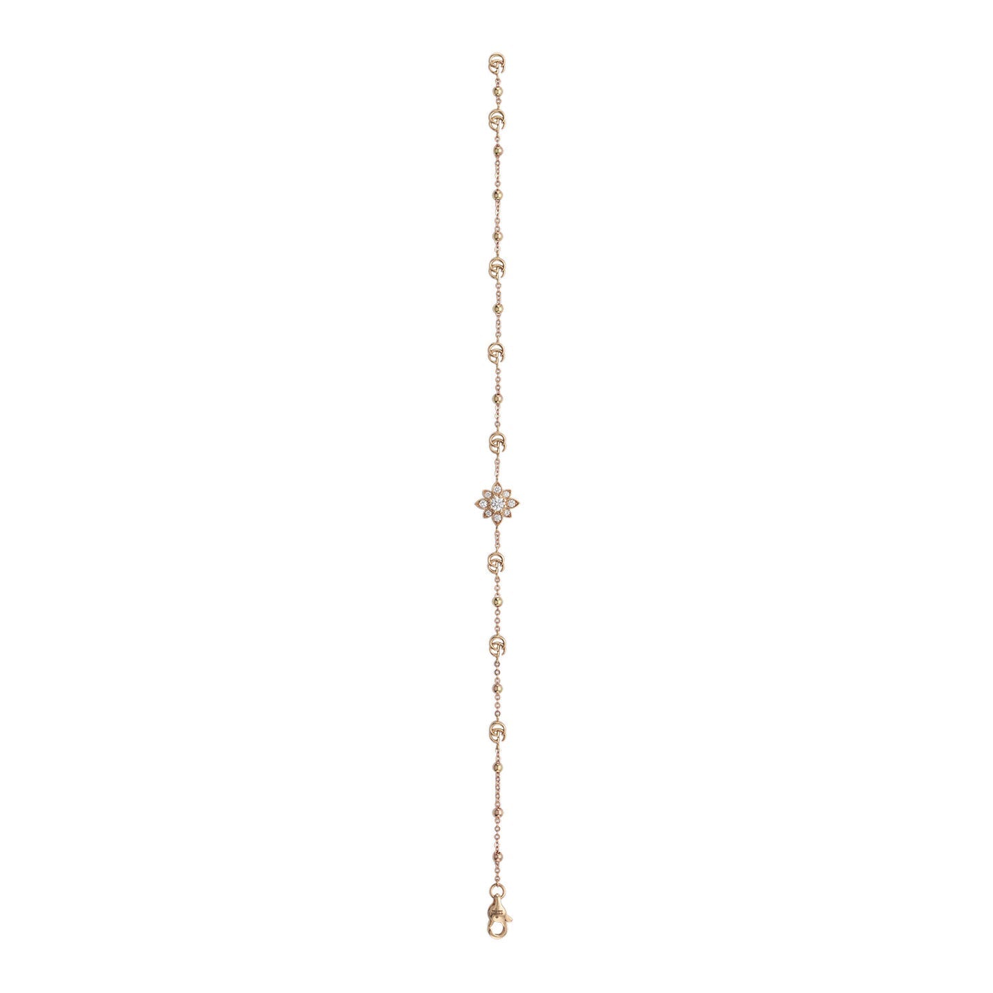 The Gucci Flora 18K Rosé Gold Diamond Charm Bracelet by GUCCI Fine Jewellery features a chain of small, round links adorned with intricate floral designs and highlighted by a central flower-shaped motif. This delicate bracelet includes a clasp at one end, adding elegance to any ensemble.