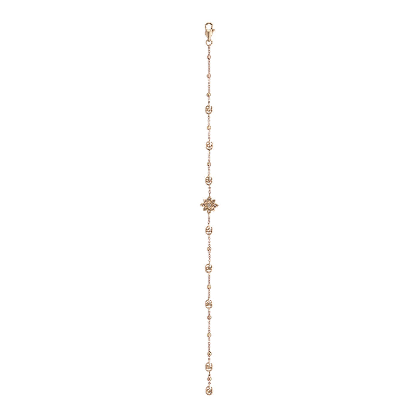 The Gucci Flora 18K Rosé Gold Diamond Charm Bracelet by GUCCI Fine Jewellery features a luxurious star-shaped centerpiece with an intricate filigree design. This elegant gold bracelet is adorned with small, evenly spaced decorative elements along the chain and is secured with a clasp closure at one end.