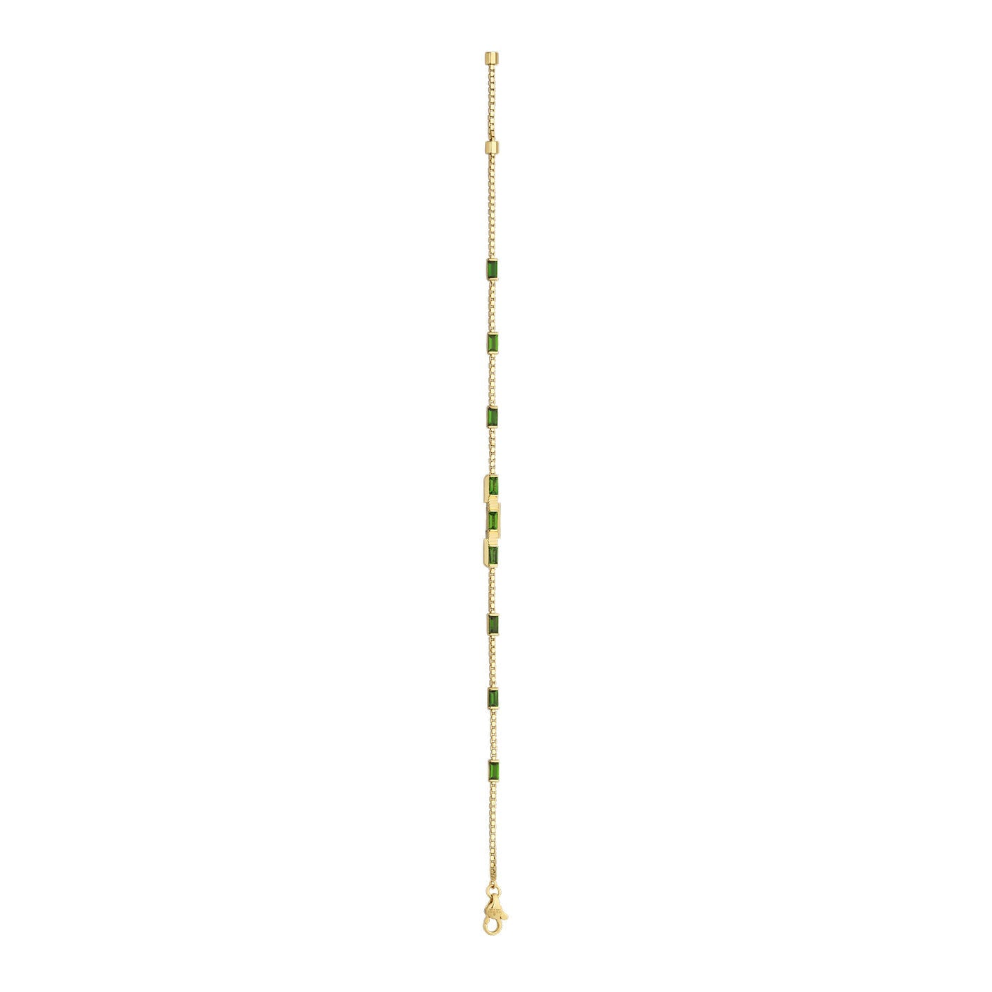 An 18 Karat yellow gold bracelet, crafted by GUCCI Fine Jewellery as the Gucci Link to Love Tourmaline Station Bracelet, showcases a thin design with evenly spaced small green rectangular beads that resemble baguette tourmaline, and features a clasp at one end against a plain white background.