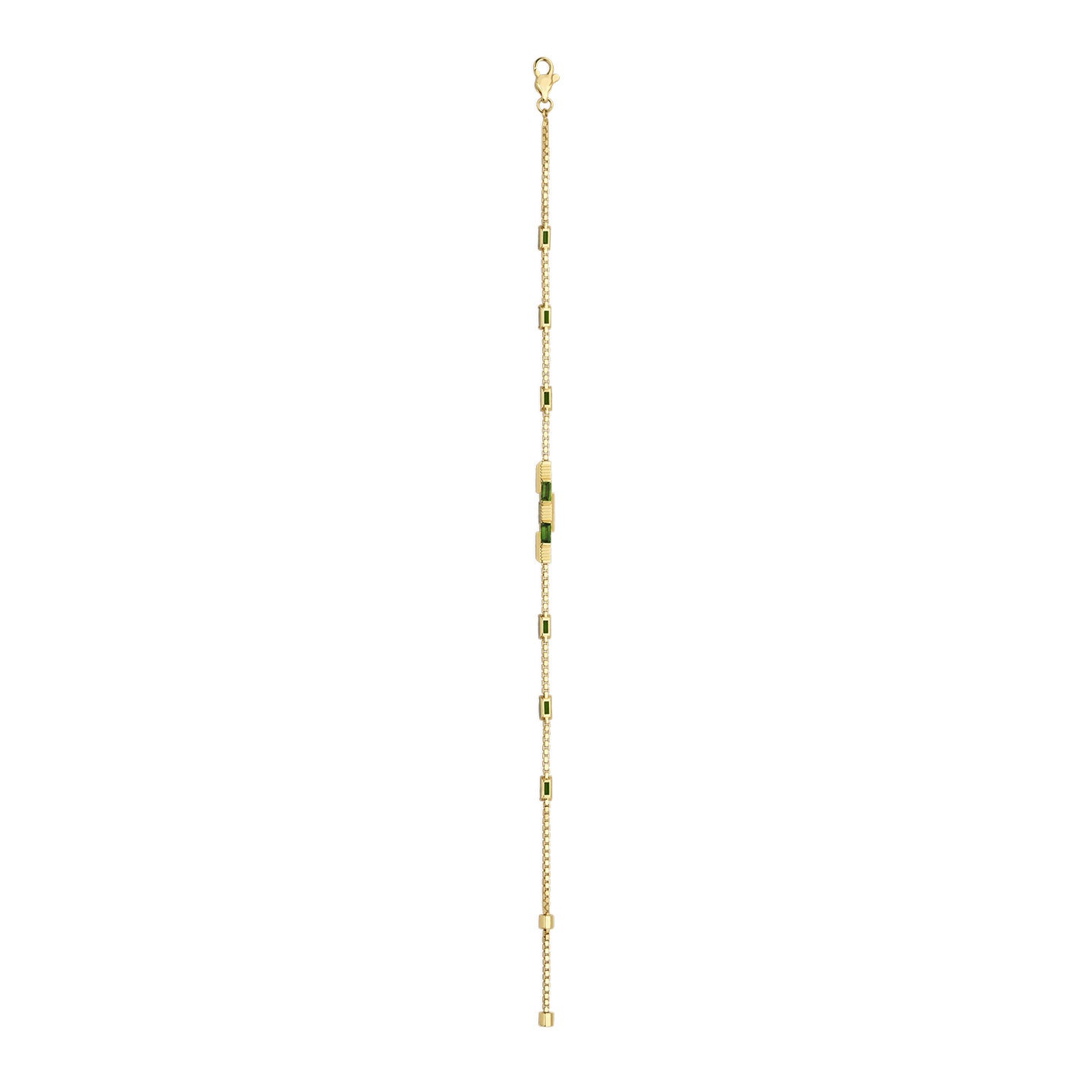 Introducing the Gucci Link to Love 18 Karat Yellow Gold Tourmaline Station Bracelet by GUCCI Fine Jewellery, a finely crafted piece featuring an intricate chain of 18k yellow gold adorned with small rectangular green tourmaline gemstones evenly placed throughout and finished with a secure lobster clasp closure.