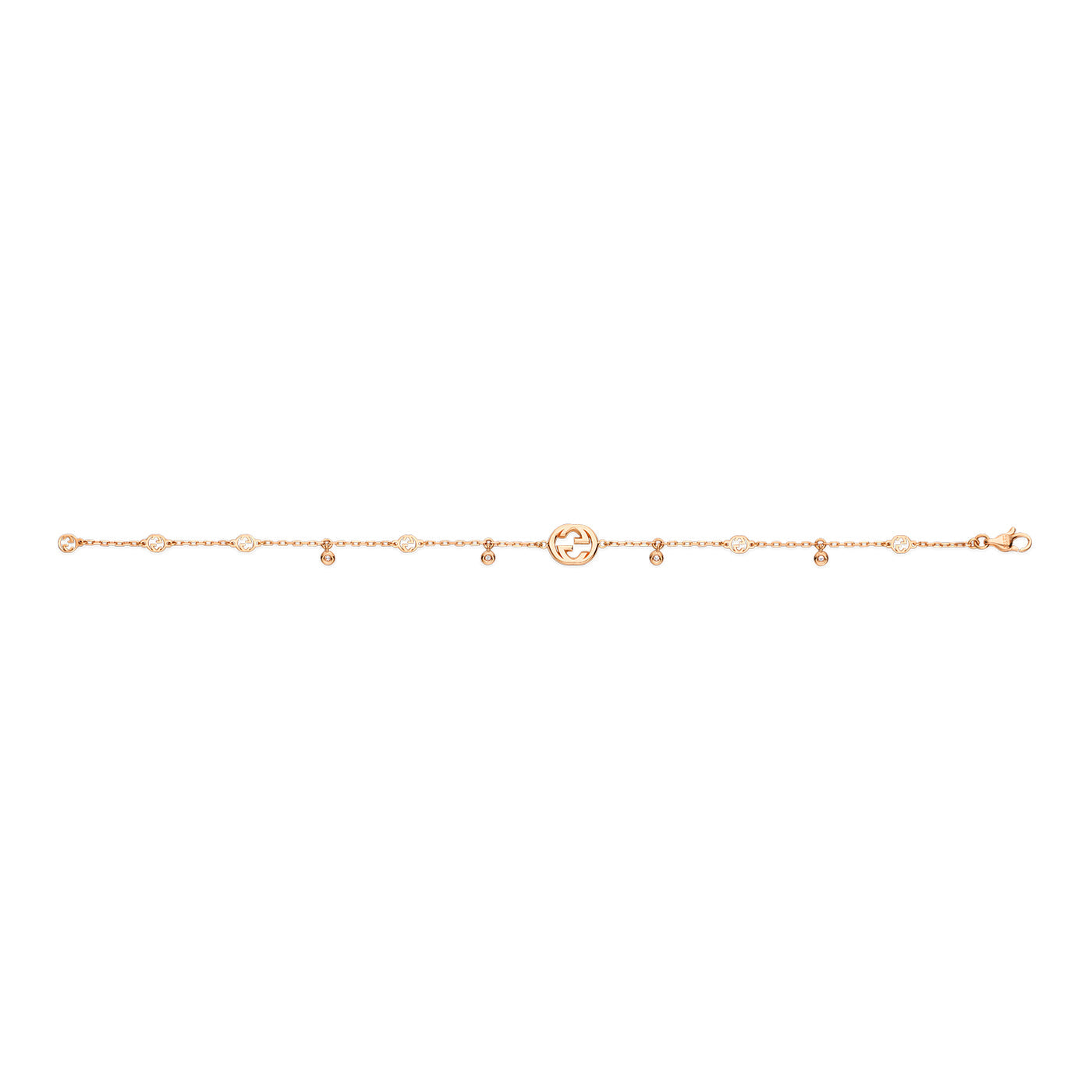 The Gucci Interlocking 18K Rose Gold Diamond Bracelet from GUCCI Fine Jewellery features a refined chain link design adorned with small round details and a prominent interlocking motif, capturing the elegance of a diamond bracelet.