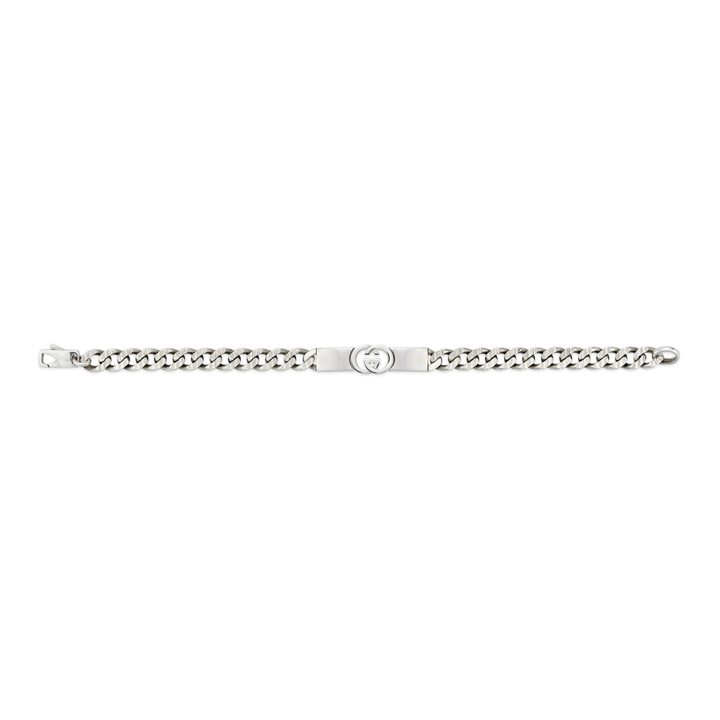 The Gucci Interlocking Sterling Silver Chain Bracelet by GUCCI Fine Jewellery features chunky curb links in 925 silver and a central plate with the iconic Interlocking G logo.