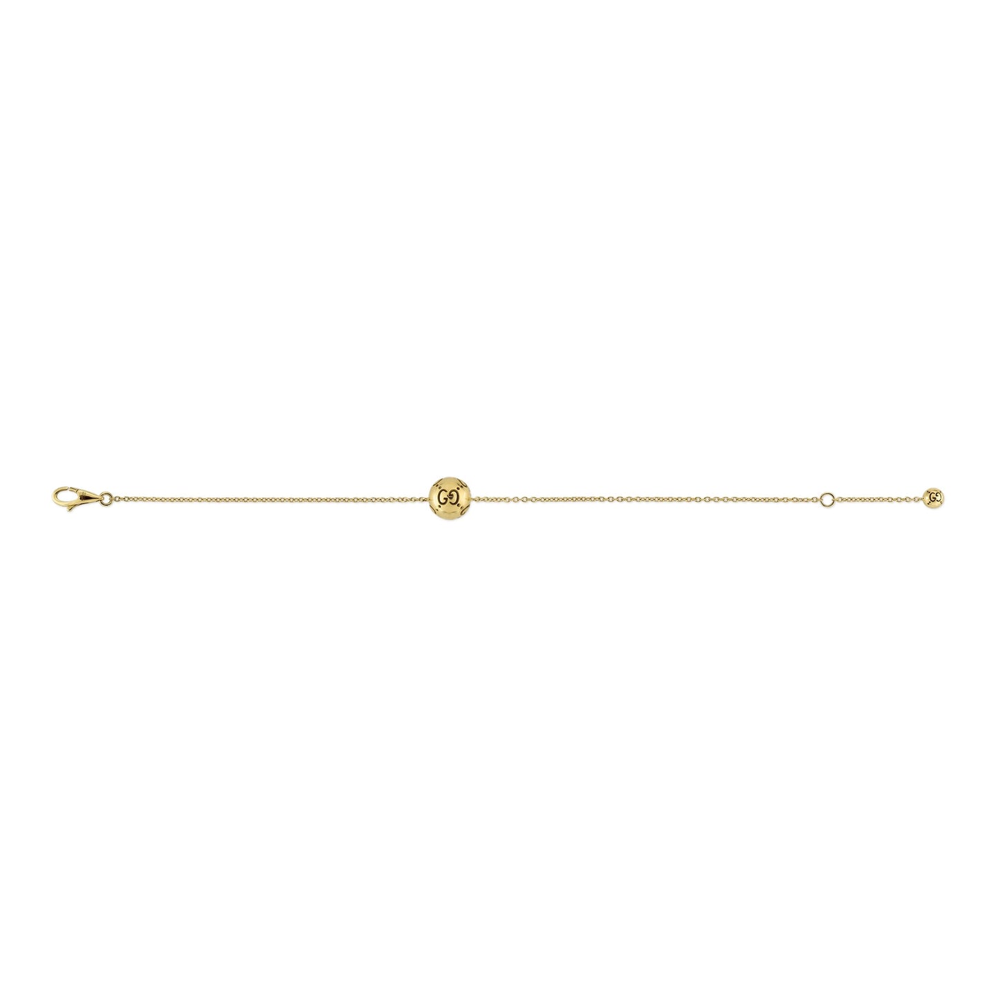 The Gucci Icon Boule 18K Yellow Gold Chain Bracelet by GUCCI Fine Jewellery features a delicate chain with a small interlocking double G logo charm at the center and a tiny circular charm near the clasp, available in open sizes.