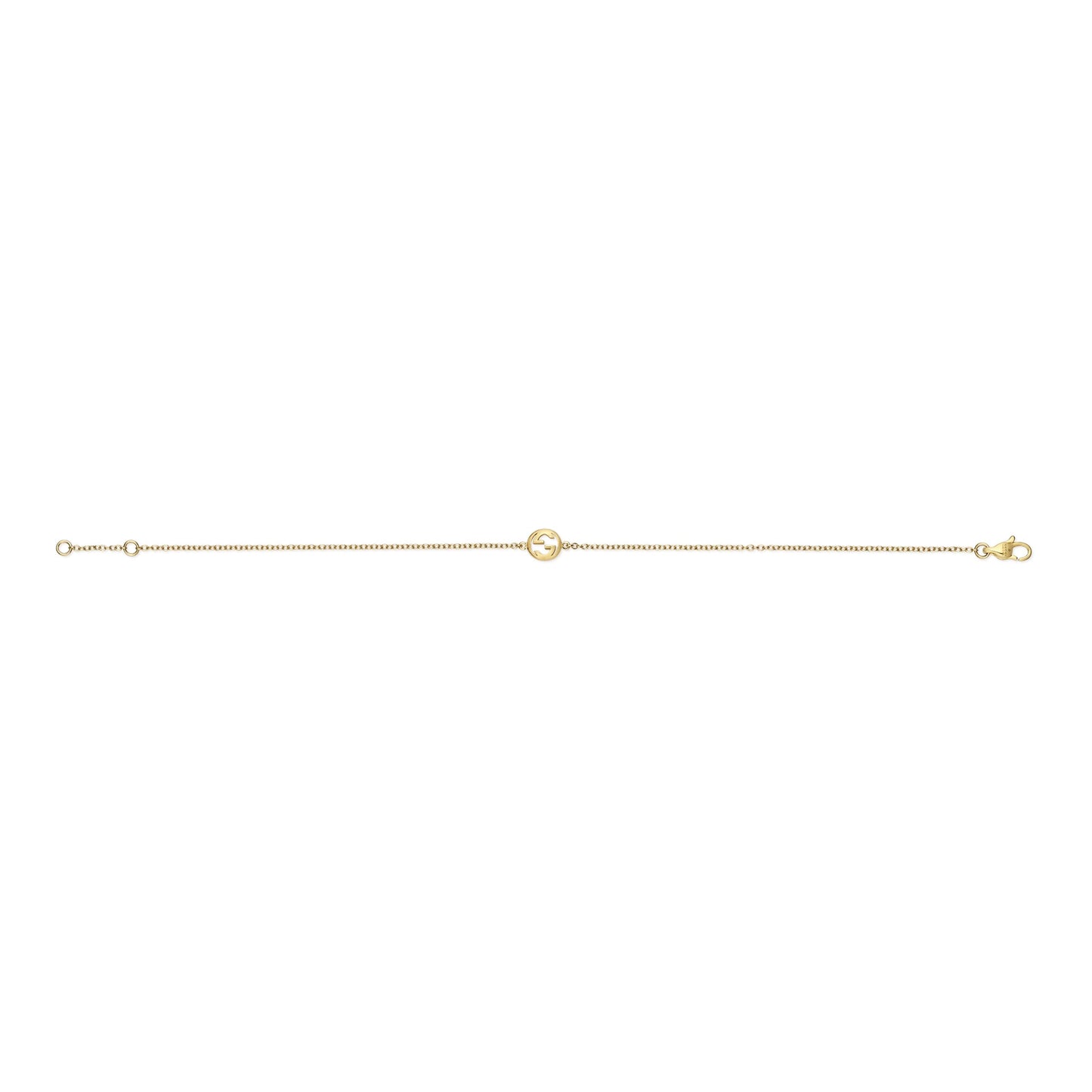 The GUCCI Fine Jewellery Interlocking 18K yellow gold chain bracelet features a small circular charm at the center and a clasp closure, shown on a white background.