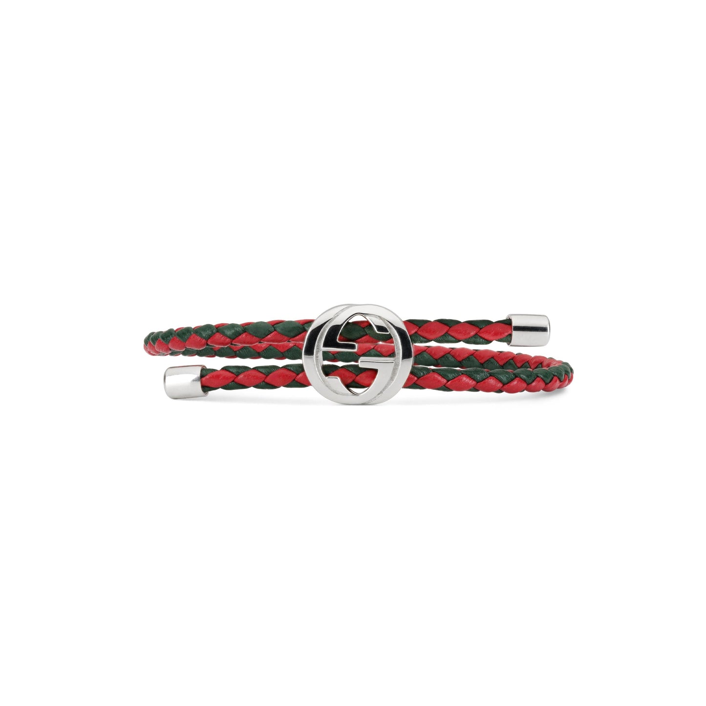 The Gucci Web Braided Leather and Sterling Silver Bracelet by GUCCI Fine Jewellery combines red and green braided leather with sterling silver accents for a signature, elegant accessory.