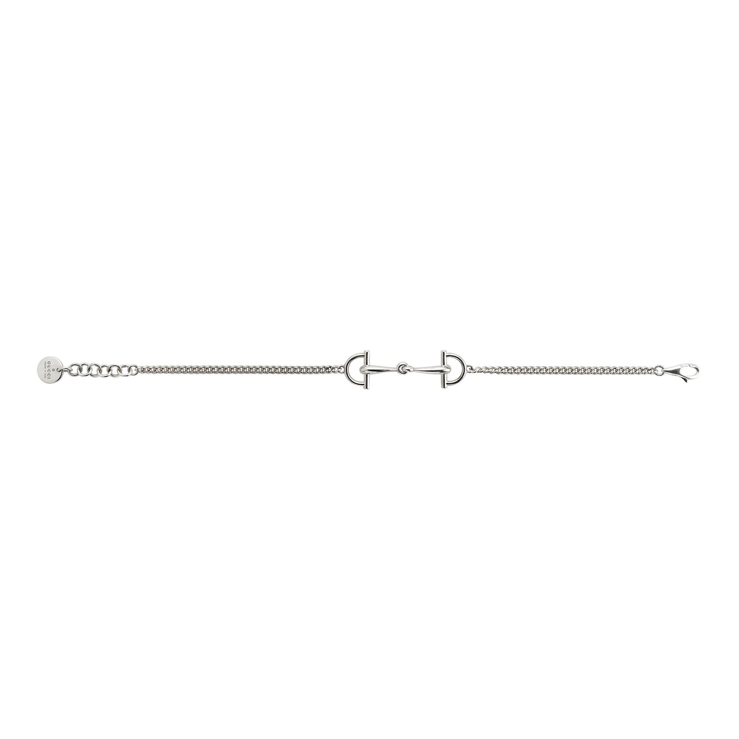 The Gucci Staffa Sterling Silver Station Bracelet by GUCCI Fine Jewellery features a delicate chain and horse bit motif, adjustable links, and a lobster clasp. Expertly crafted in Italy and inspired by iconic Gucci designs.