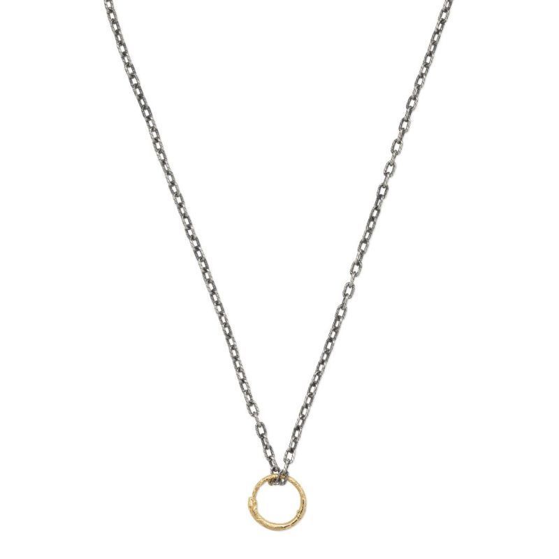 The GUCCI Fine Jewellery Sterling Silver Chain Necklace showcases a small, round 18K Yellow Gold Snake Ring Pendant at the center. The design is simple and elegant set against a plain white background.