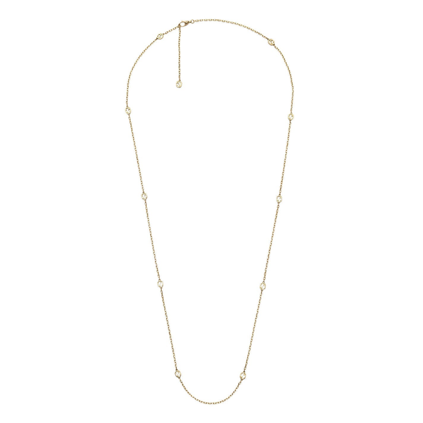 Immerse yourself in the elegance of the Gucci Interlocking G 18K Yellow Gold Station Necklace. Presented by GUCCI Fine Jewellery, this exquisite piece features small circular accents along its delicate chain and is skillfully crafted with a slightly elongated section for the clasp. Reflecting timeless sophistication and made in Italy, it’s truly a treasure to cherish.