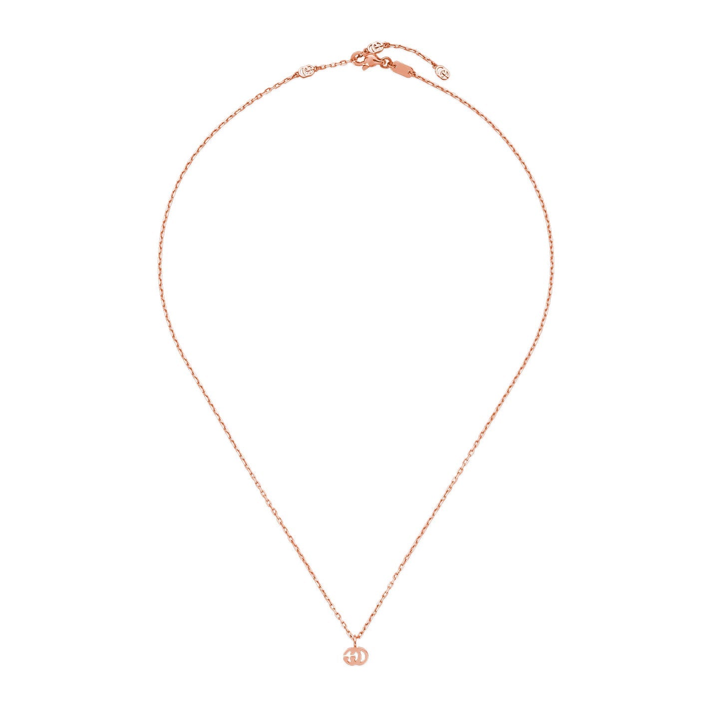 The Gucci GG Running 18K Rose Gold Necklace Pendant by GUCCI Fine Jewellery is an elegant piece featuring a delicate chain and an interlocking Double G pendant in a finely crafted rose gold design.