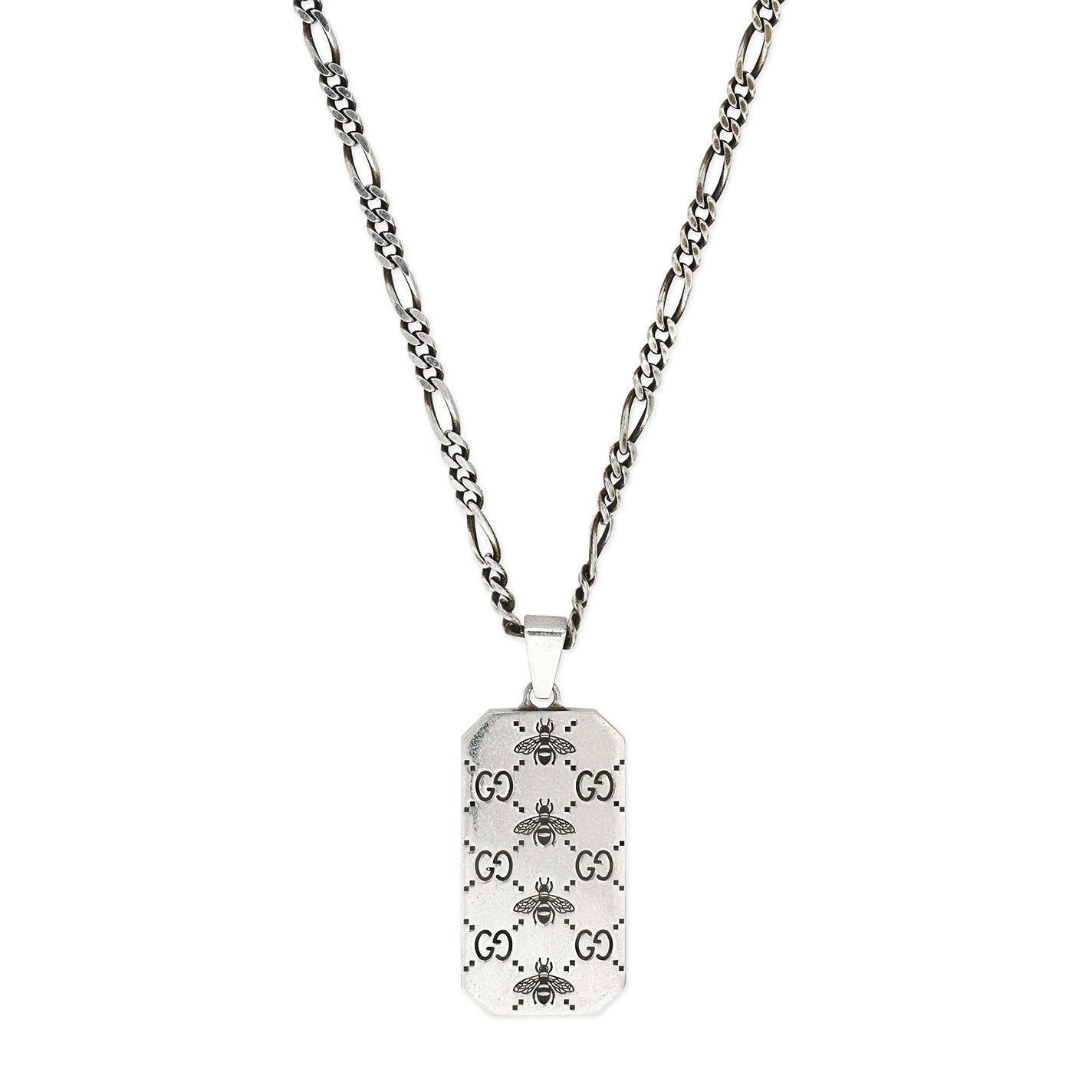 A Gucci GG and Bee Engraved Sterling Silver Necklace Pendant by GUCCI Fine Jewellery showcases bees and the letters "GG," suspended from a sterling silver chain with distinctively designed links that perfectly highlight the intricate pendant.